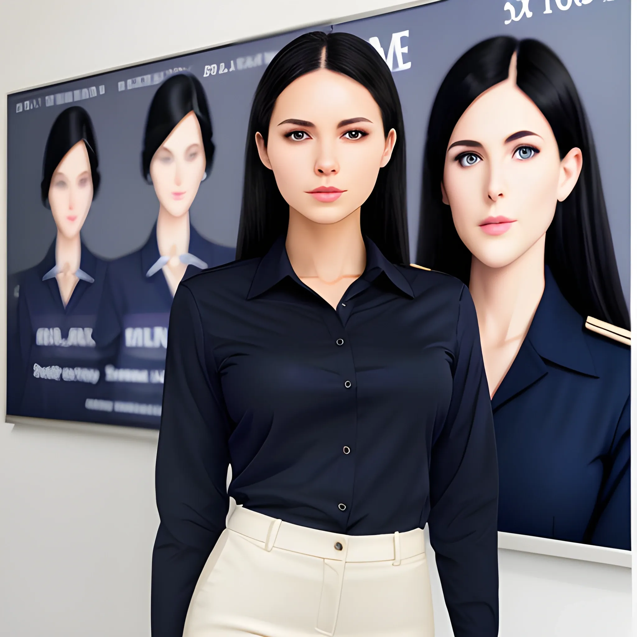 beautiful elegant women, standing in front of village advertising board, office uniform, navy shirt, cream pants, black hair, good hand, 4k, best quality, sharp focus, soft lighting, skinny,  1women, ideal body, slim fit, medium,  profesional model pose, face advanced, face detail, negative_hand-neg:1.2, 