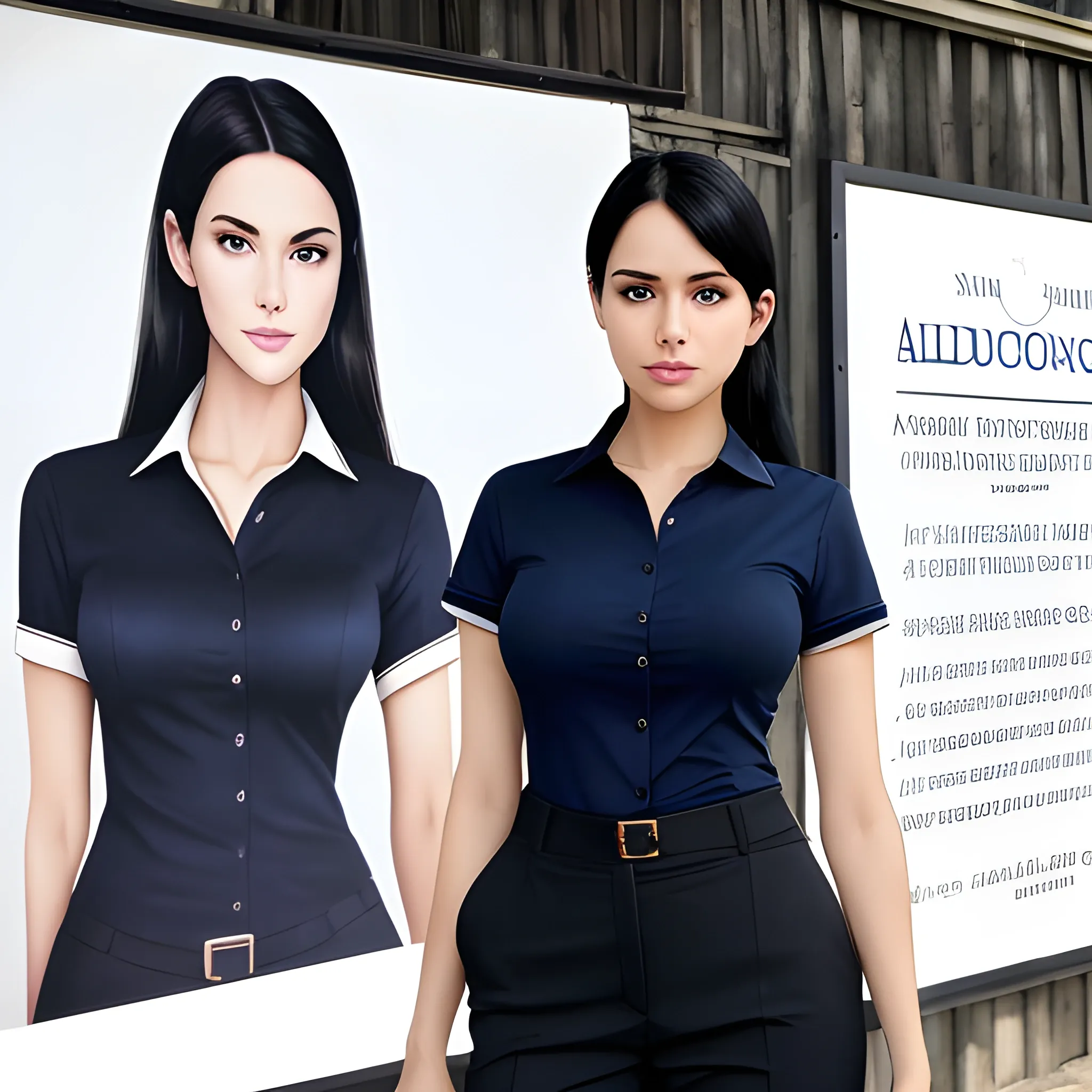 beautiful elegant women, standing in front of village advertising board, office uniform, navy shirt, cream pants, black hair, good hand, 4k, best quality, sharp focus, soft lighting, skinny,  1women, ideal body, slim fit, medium,  profesional model pose, face advanced, face detail, negative_hand-neg:1.2, 