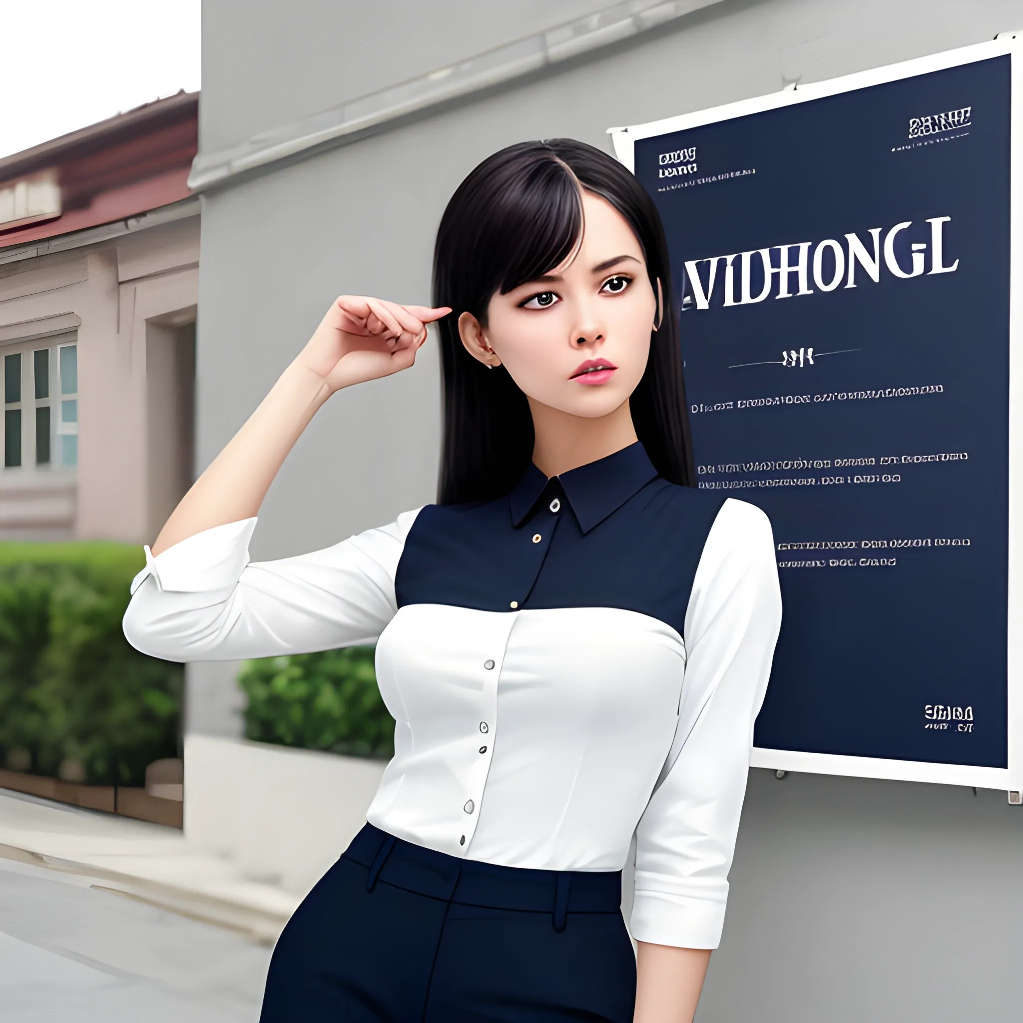 beautiful elegant women, standing in front of village advertising board, office uniform, navy shirt, cream pants, black hair, good hand, 4k, best quality, sharp focus, soft lighting, skinny,  1women, ideal body, slim fit, bun hair style, medium,  profesional model pose, face advanced, face detail, negative_hand-neg:1.2, 