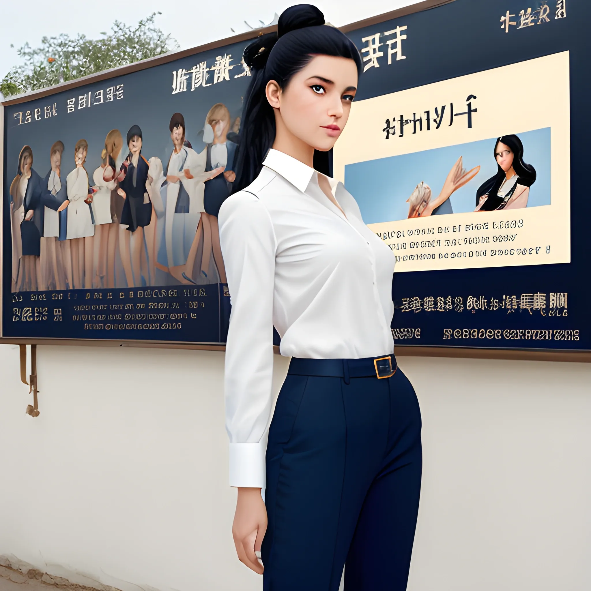 beautiful elegant women, standing in front of village advertising board, office uniform, navy shirt, cream pants, black hair, good hand, 4k, best quality, sharp focus, soft lighting, skinny,  1women, ideal body, slim fit, bun hair style, medium,  profesional model pose, face advanced, face detail, negative_hand-neg:1.2, 