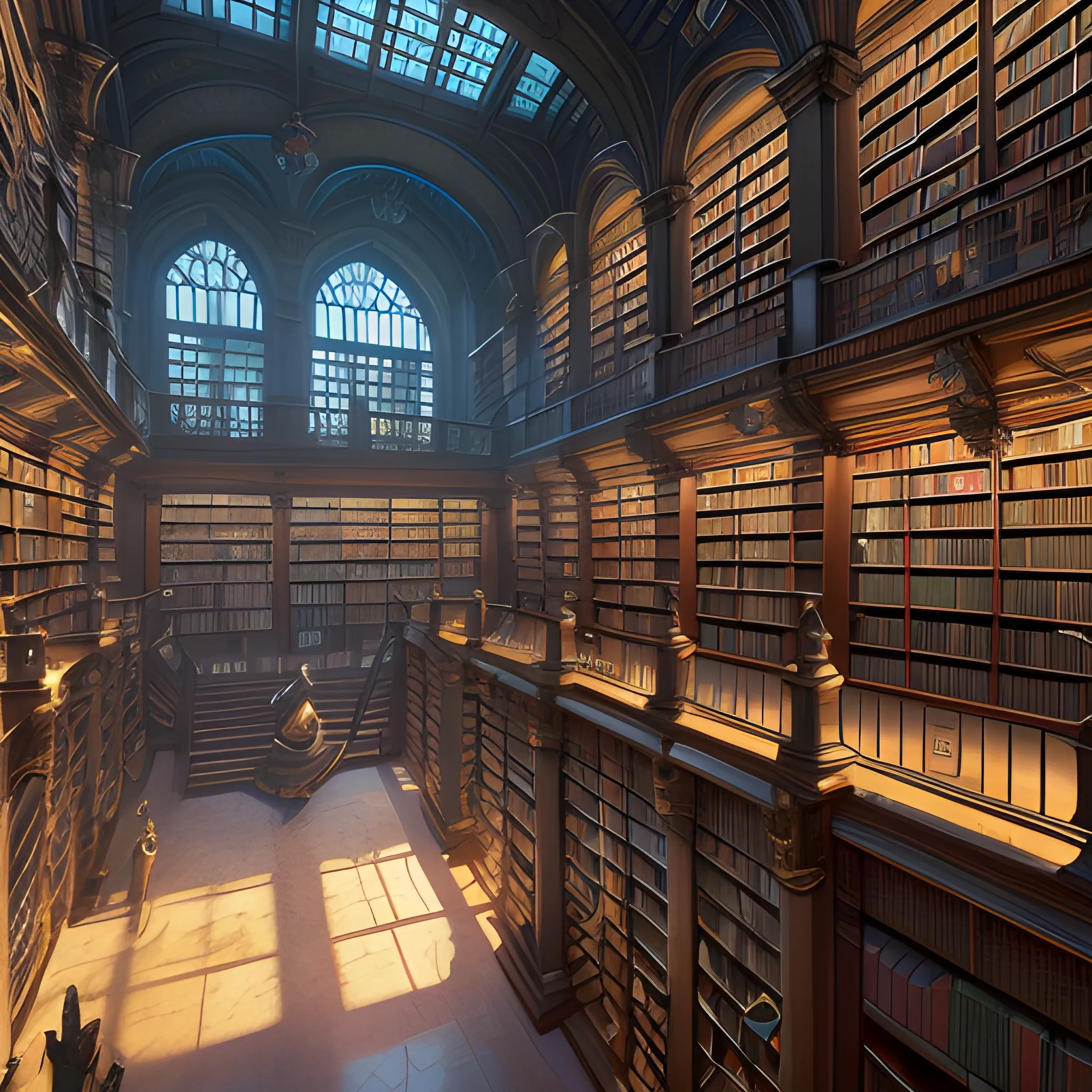 library, big library, view from inside, magic library, magic, many books, fantasy, high resolution, detailed, hyperrealistic, photorealistic, detailed matte painting, deep color, fantastical, intricate detail, splash screen, complementary colors, fantasy concept art, 8k resolution trending on Artstation Unreal Engine 5