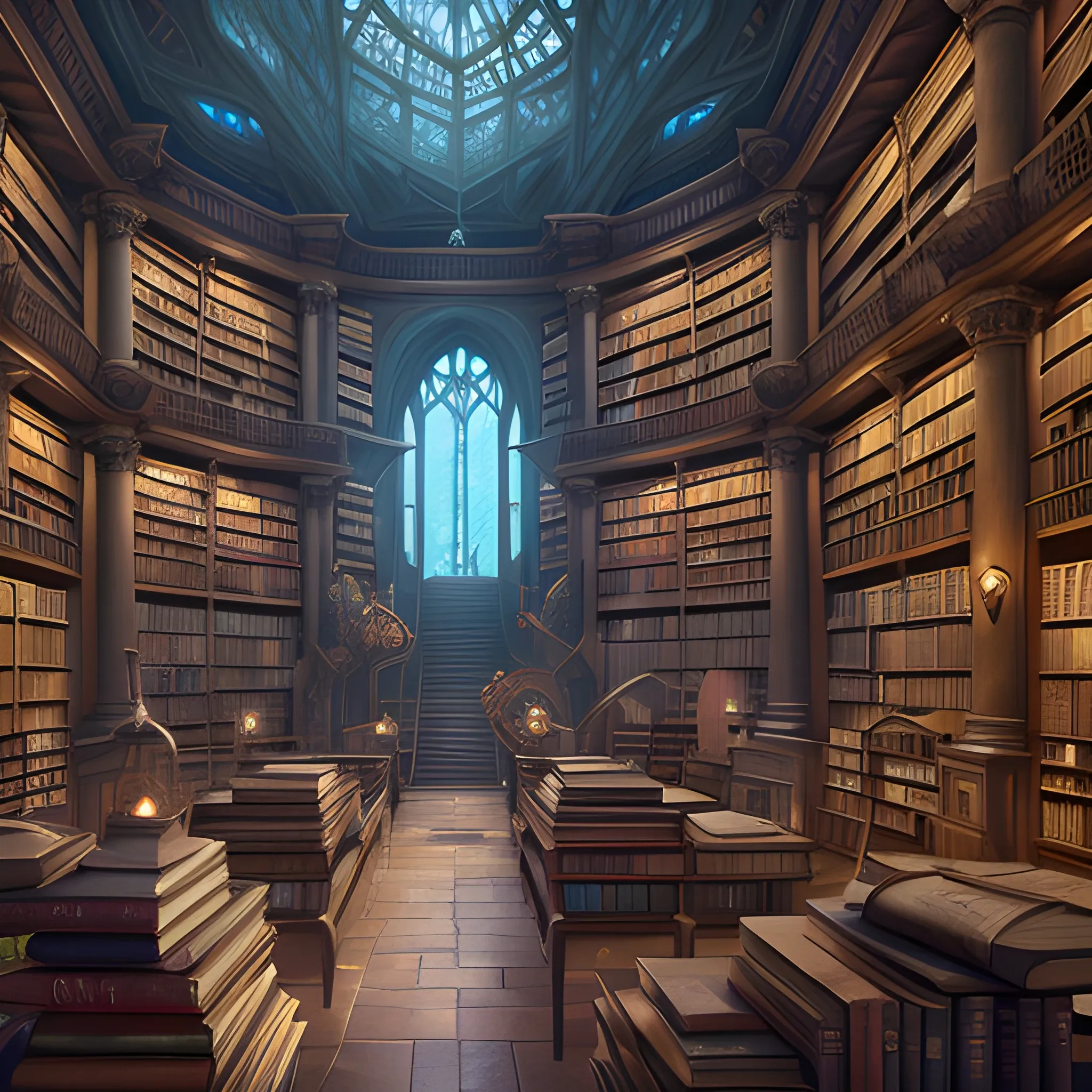 spells, library, big library, view from inside, magic library, magic, many books, fantasy, high resolution, detailed, hyperrealistic, photorealistic, detailed matte painting, deep color, fantastical, intricate detail, splash screen, complementary colors, fantasy concept art, 8k resolution trending on Artstation Unreal Engine 5