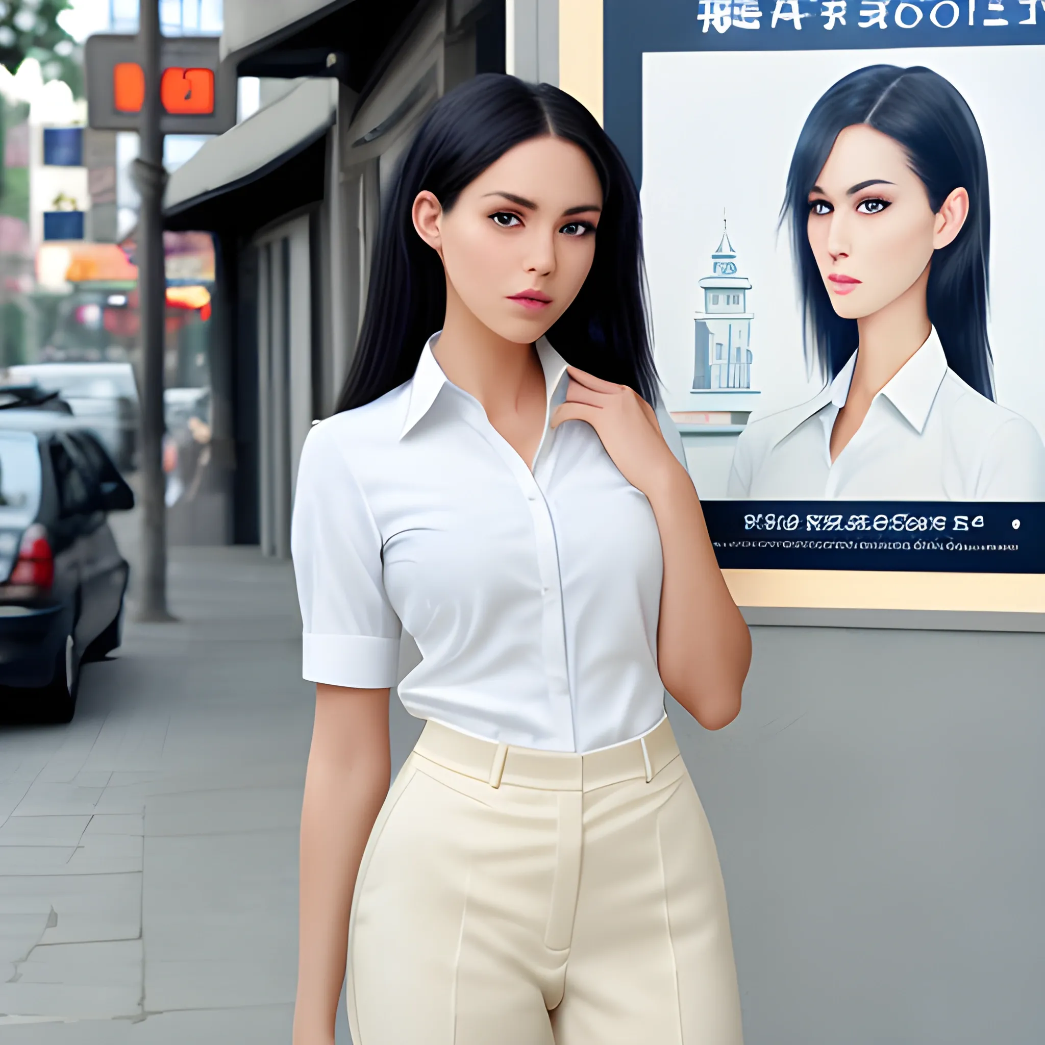 beautiful elegant women, standing in front of village advertising board, office uniform, navy shirt, cream pants, black hair, good hand, 4k, best quality, sharp focus, soft lighting, skinny,  1women, ideal body, slim fit, bun hair style, medium,  profesional model pose, face advanced, face detail, negative_hand-neg:1.2, 