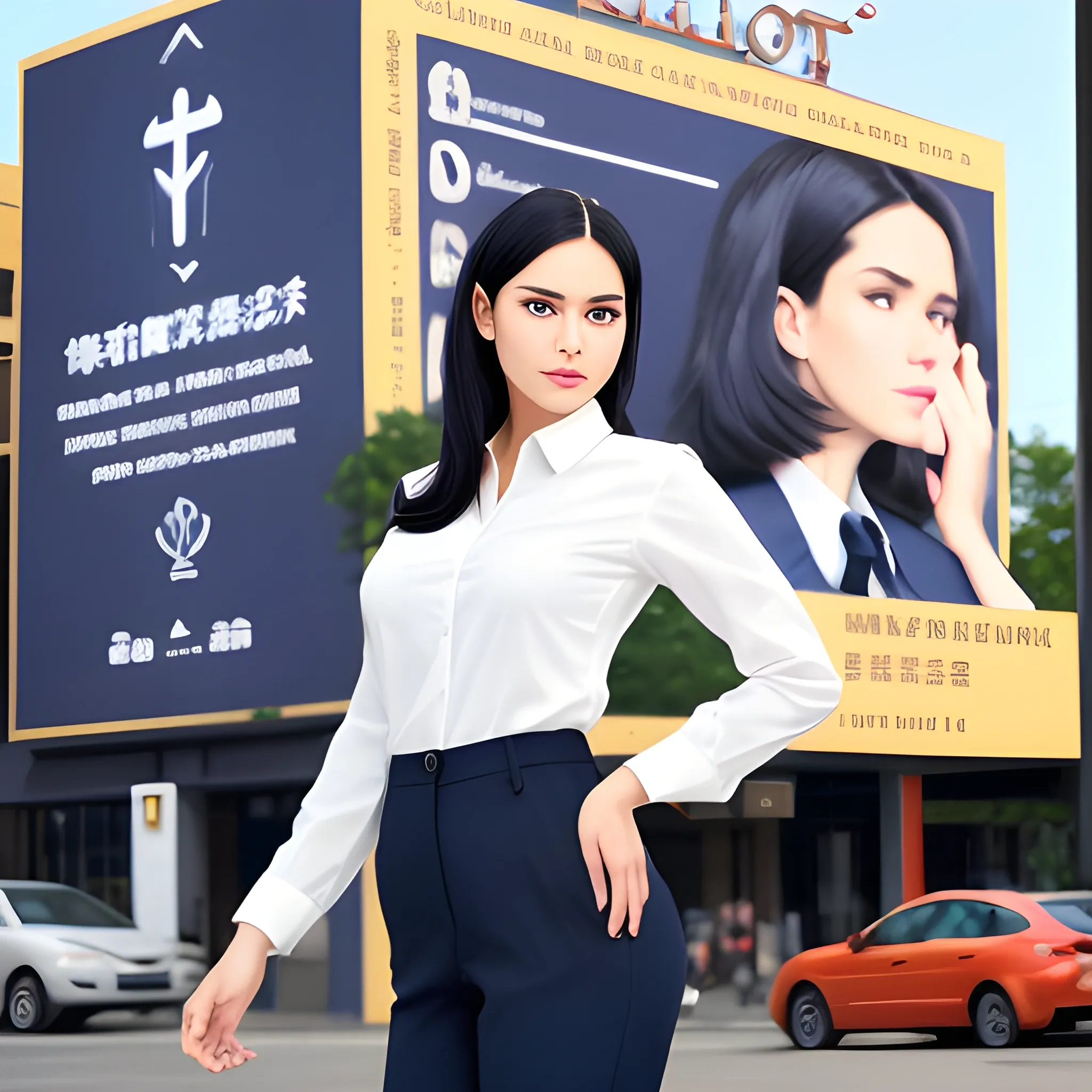 beautiful elegant women, standing in front of village advertising board, office uniform, navy shirt, cream pants, black hair, good hand, 4k, best quality, sharp focus, soft lighting, skinny,  1women, ideal body, slim fit, short hair, medium,  profesional model pose, face advanced, face detail, negative_hand-neg:1.2, 