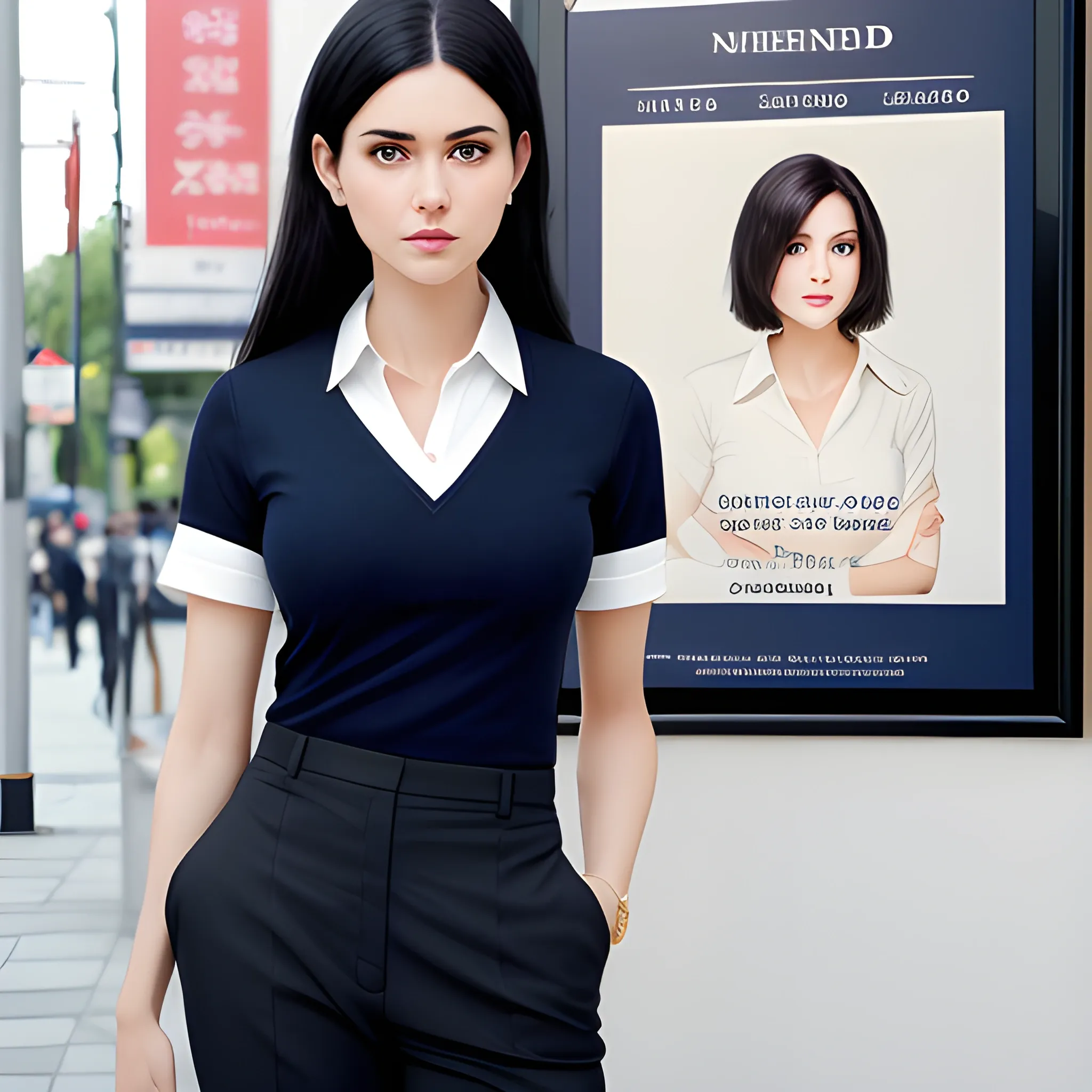 beautiful elegant women, standing in front of village advertising board, office uniform, navy shirt, cream pants, black hair, good hand, 4k, best quality, sharp focus, soft lighting, skinny,  1women, ideal body, slim fit, short hair, potrait,  profesional model pose, face advanced, face detail, negative_hand-neg:1.2, 