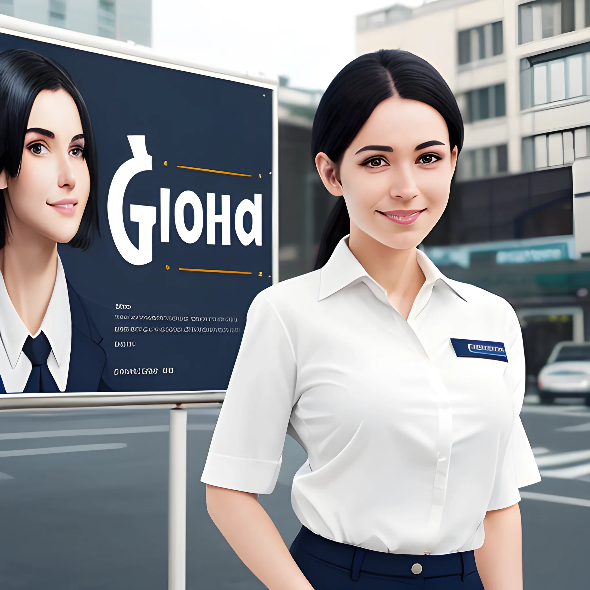 beautiful women, elegant, smiling, standing in front of village advertising board, office uniform, navy shirt, cream pants, black hair, good hand, 4k, best quality, sharp focus, soft lighting, skinny,  1women, ideal body, slim fit, short hair, potrait,  profesional model pose, face advanced, face detail, negative_hand-neg:1.2, 