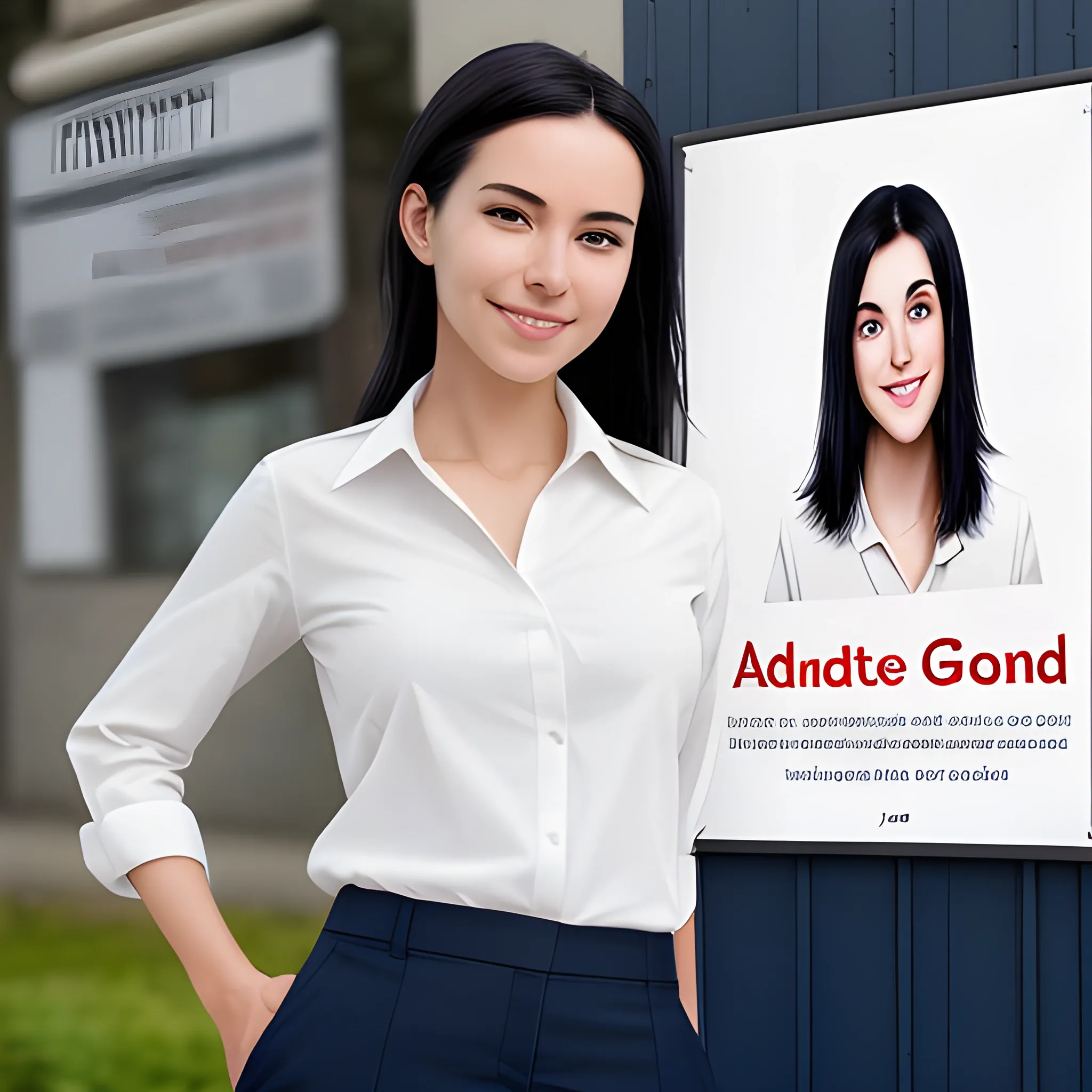 beautiful women, elegant, smiling, standing in front of village advertising board, office uniform, navy shirt, cream pants, black hair, good hand, 4k, best quality, sharp focus, soft lighting, skinny,  1women, ideal body, slim fit, short hair, potrait,  profesional model pose, face advanced, face detail, negative_hand-neg:1.2, 