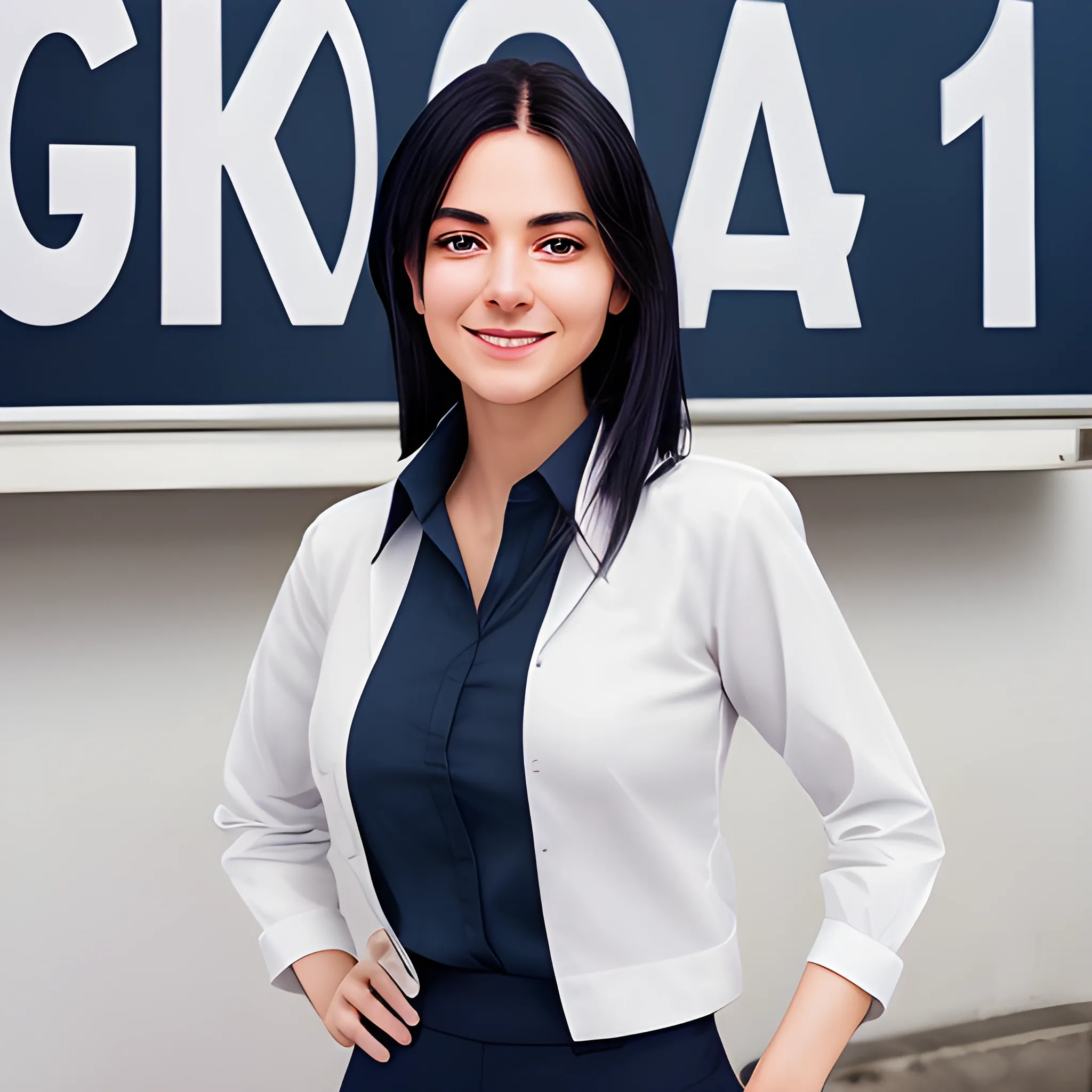 beautiful women, elegant, smiling, standing in front of village advertising board, office uniform, navy shirt, cream pants, black hair, good hand, 4k, best quality, sharp focus, soft lighting, skinny,  1women, ideal body, slim fit, short hair, potrait,  profesional model pose, face advanced, face detail, negative_hand-neg:1.2, 