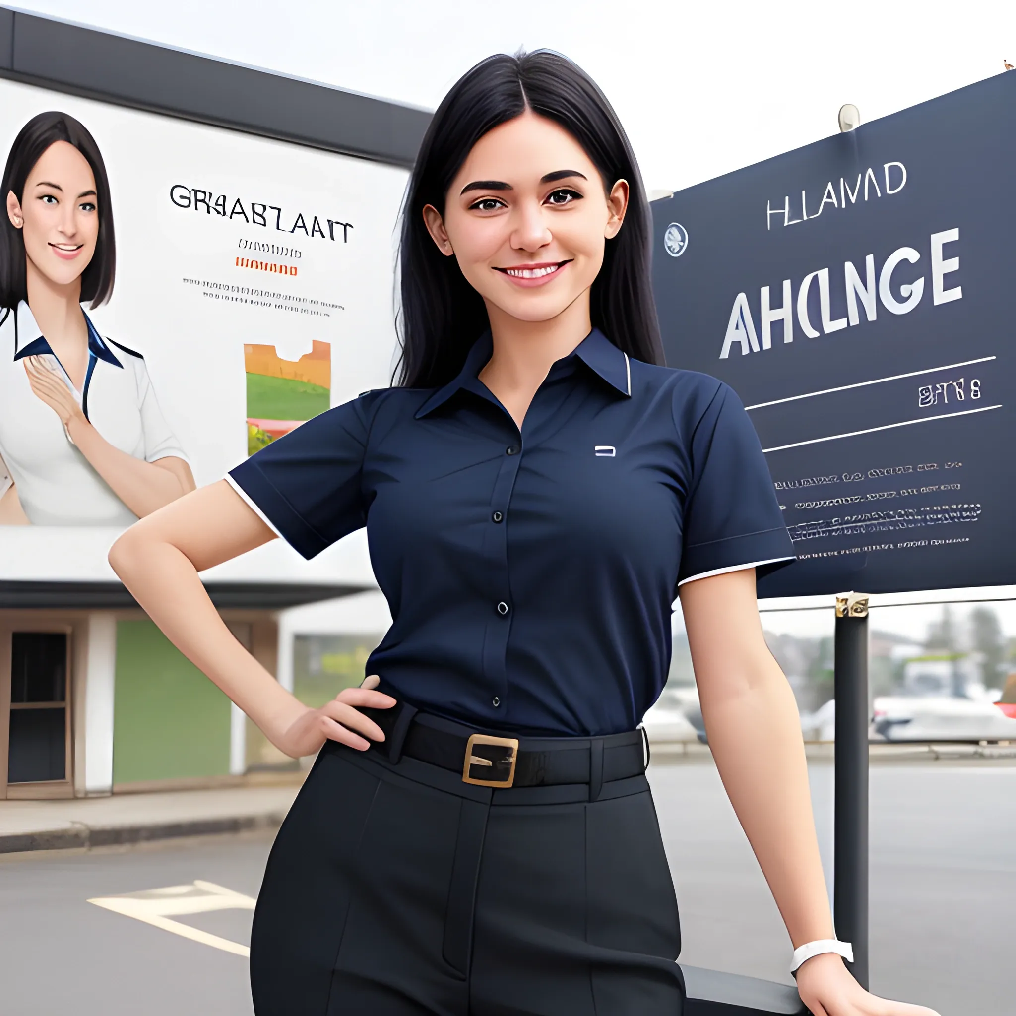 beautiful women, elegant, smiling, standing in front of village advertising board, office uniform, navy shirt, cream pants, black hair, good hand, 4k, best quality, sharp focus, soft lighting, skinny,  1women, ideal body, slim fit, short hair, potrait,  profesional model pose, face advanced, face detail, negative_hand-neg:1.2, 