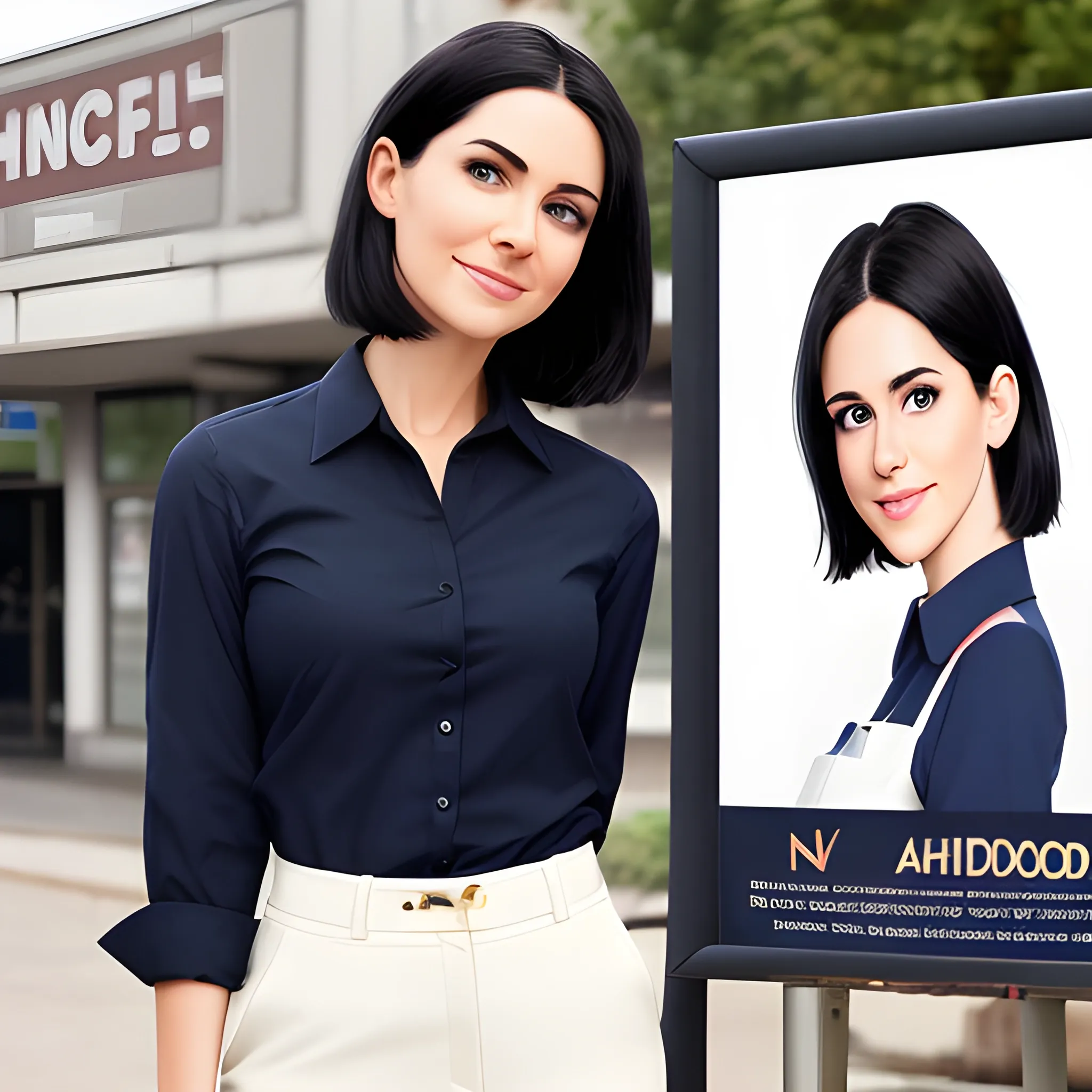 beautiful women, elegant, smiling, standing in front of village advertising board, paddy, office uniform, navy shirt, cream pants, black hair, good hand, 4k, best quality, sharp focus, soft lighting, skinny,  1women, ideal body, slim fit, short hair, potrait,  profesional model pose, face advanced, face detail, negative_hand-neg:1.2, 