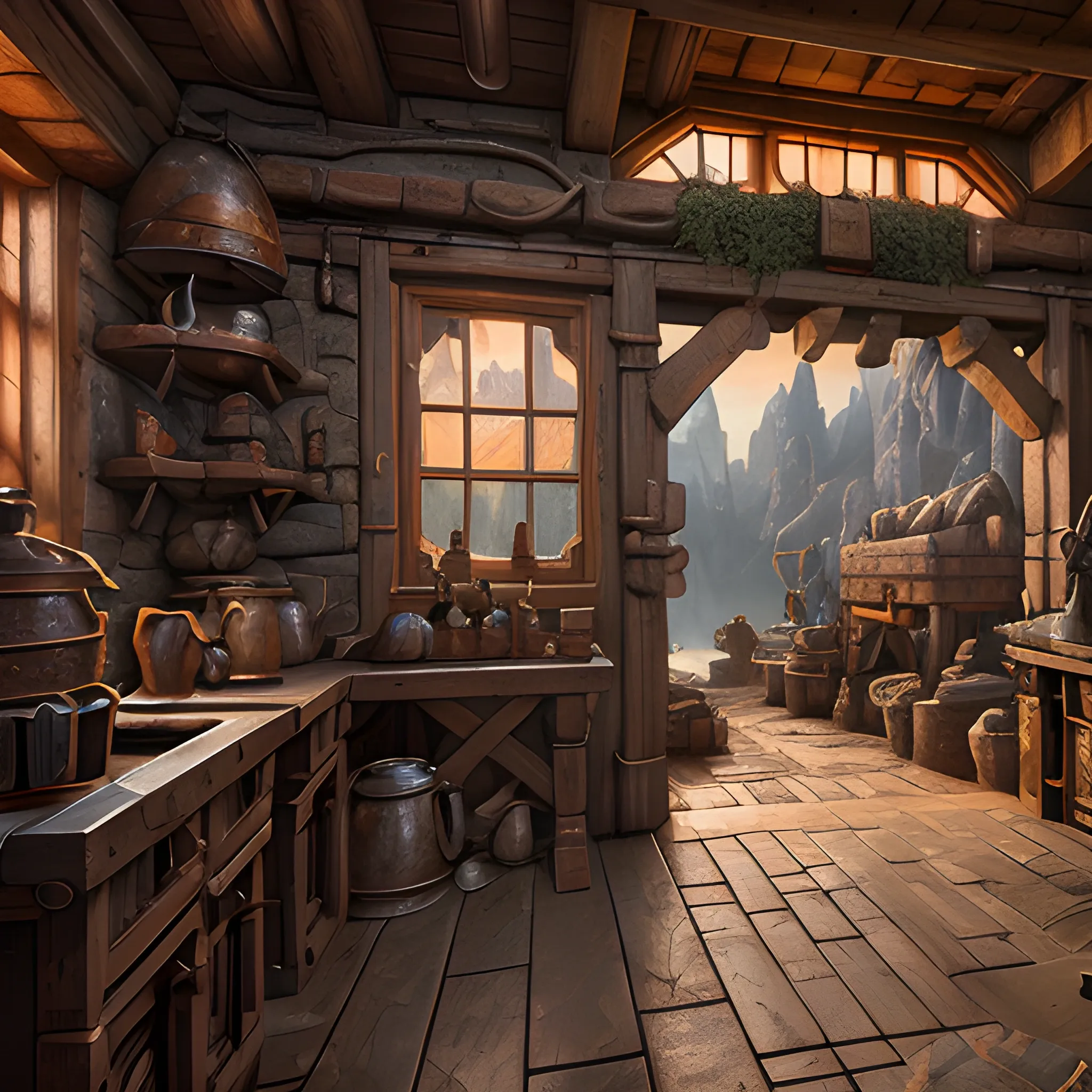 forge, view from inside, blacksmiths, dwarves, fantasy, high resolution, detailed, hyperrealistic, photorealistic, detailed matte painting, deep color, fantastical, intricate detail, splash screen, complementary colors, fantasy concept art, 8k resolution trending on Artstation Unreal Engine 5