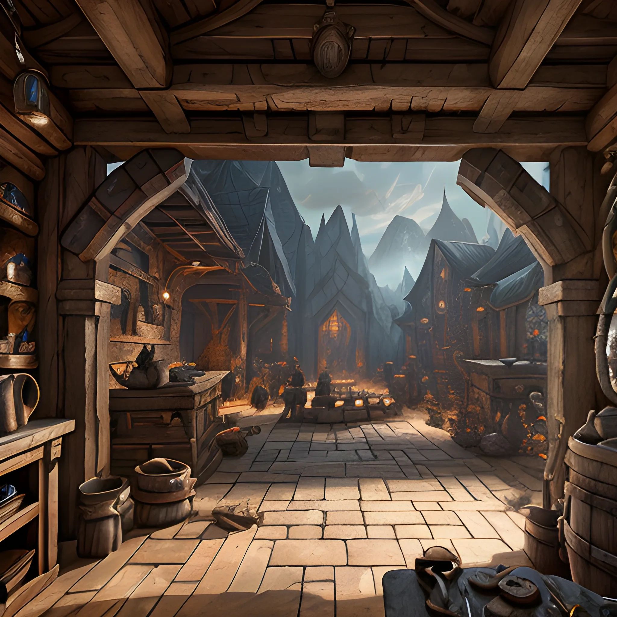 blacksmiths, forge, view from inside, dwarves, fantasy, high resolution, detailed, hyperrealistic, photorealistic, detailed matte painting, deep color, fantastical, intricate detail, splash screen, complementary colors, fantasy concept art, 8k resolution trending on Artstation Unreal Engine 5