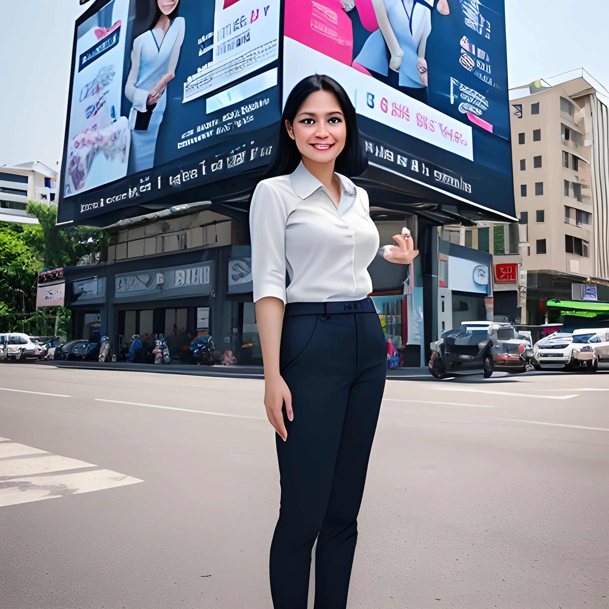 beautiful indonesian women, elegant, smiling, standing in front of city advertising board, paddy, office uniform, navy shirt, cream pants, black hair, good hand, 4k, best quality, sharp focus, soft lighting, skinny,  1women, ideal body, slim fit, short hair, potrait,  profesional model pose, face advanced, face detail, negative_hand-neg:1.2, 