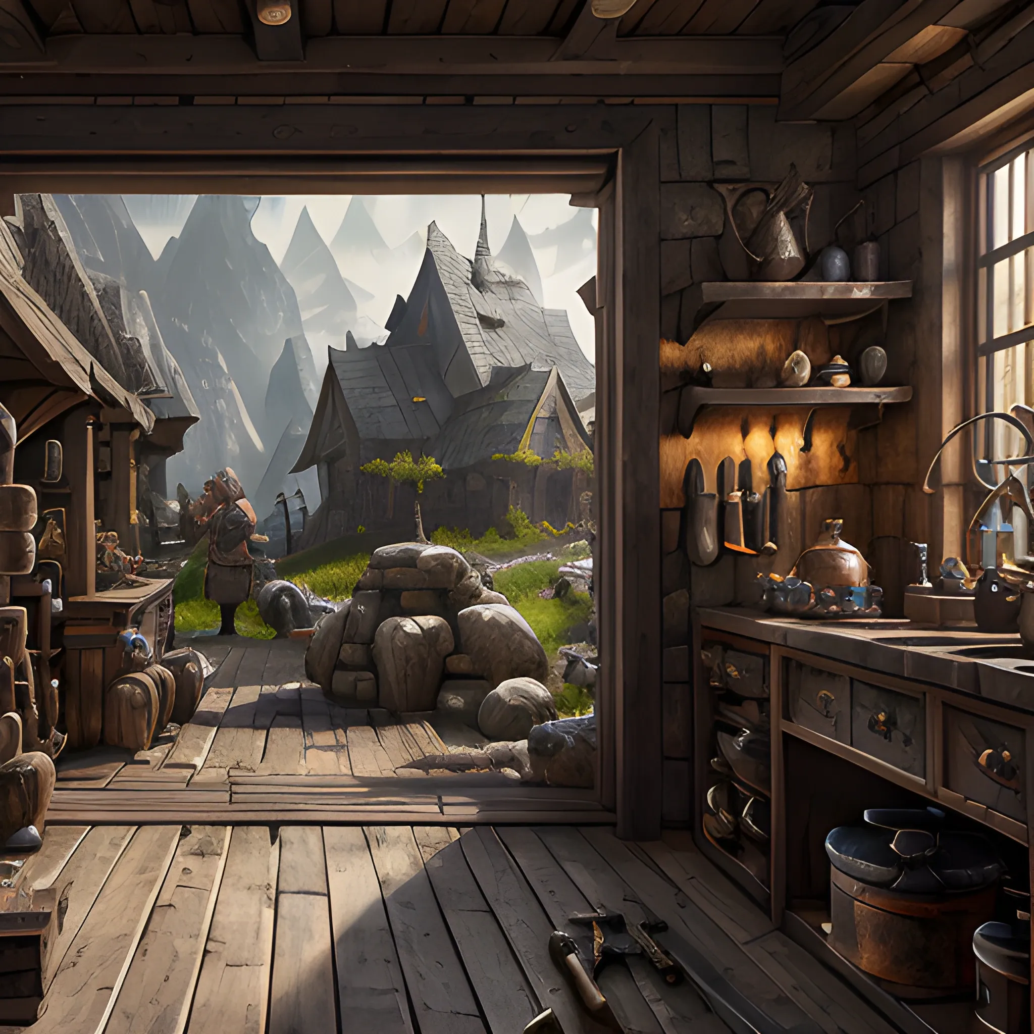 blacksmiths, weaponsmith, forge, view from inside, dwarves, fantasy, high resolution, detailed, hyperrealistic, photorealistic, detailed matte painting, deep color, fantastical, intricate detail, splash screen, complementary colors, fantasy concept art, 8k resolution trending on Artstation Unreal Engine 5