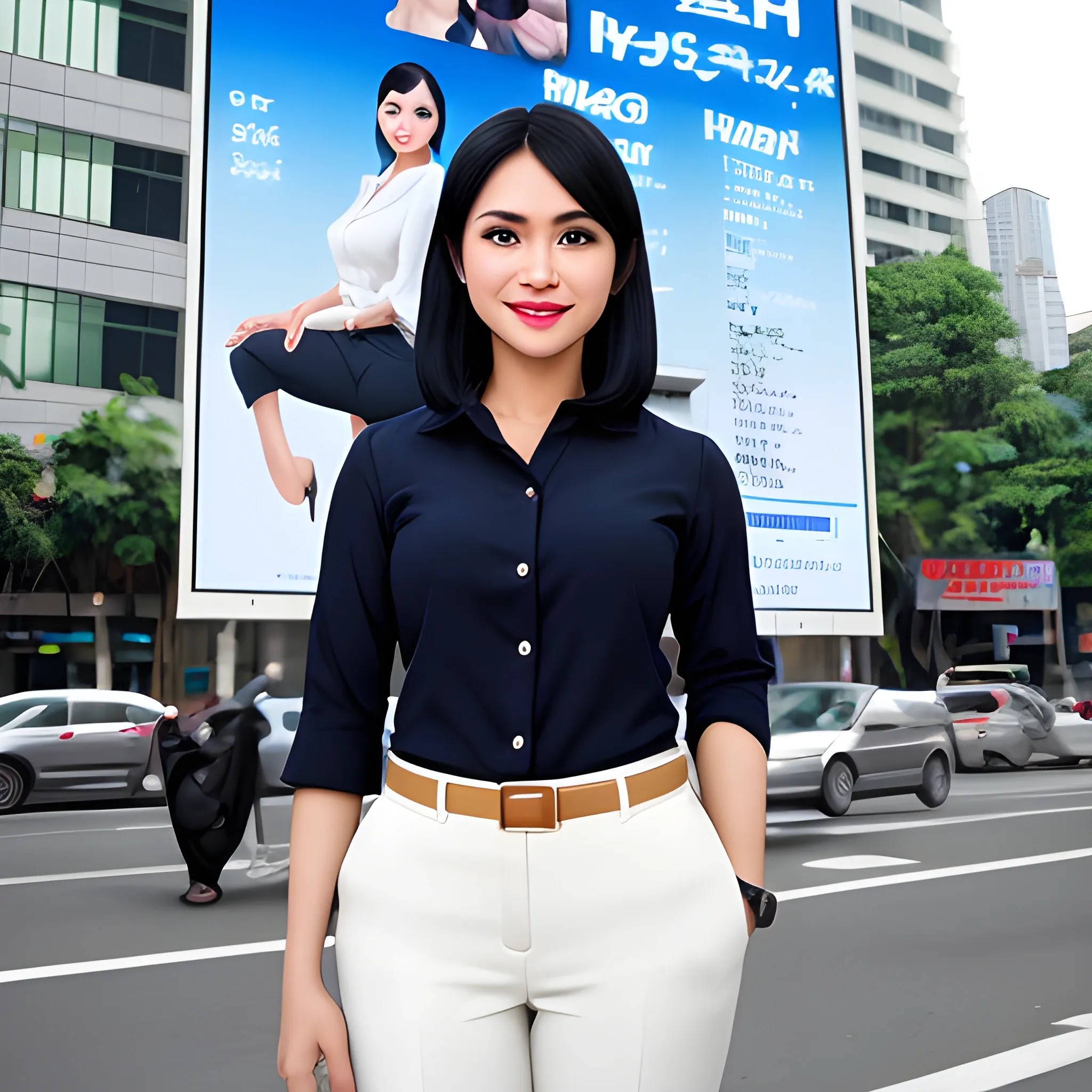 beautiful indonesian women, elegant, smiling, standing in front of city advertising board, paddy, office uniform, navy shirt, cream pants, black hair, good hand, 4k, best quality, sharp focus, soft lighting, skinny,  1women, ideal body, slim fit, short hair, potrait,  profesional model pose, face advanced, face detail, negative_hand-neg:1.2, 