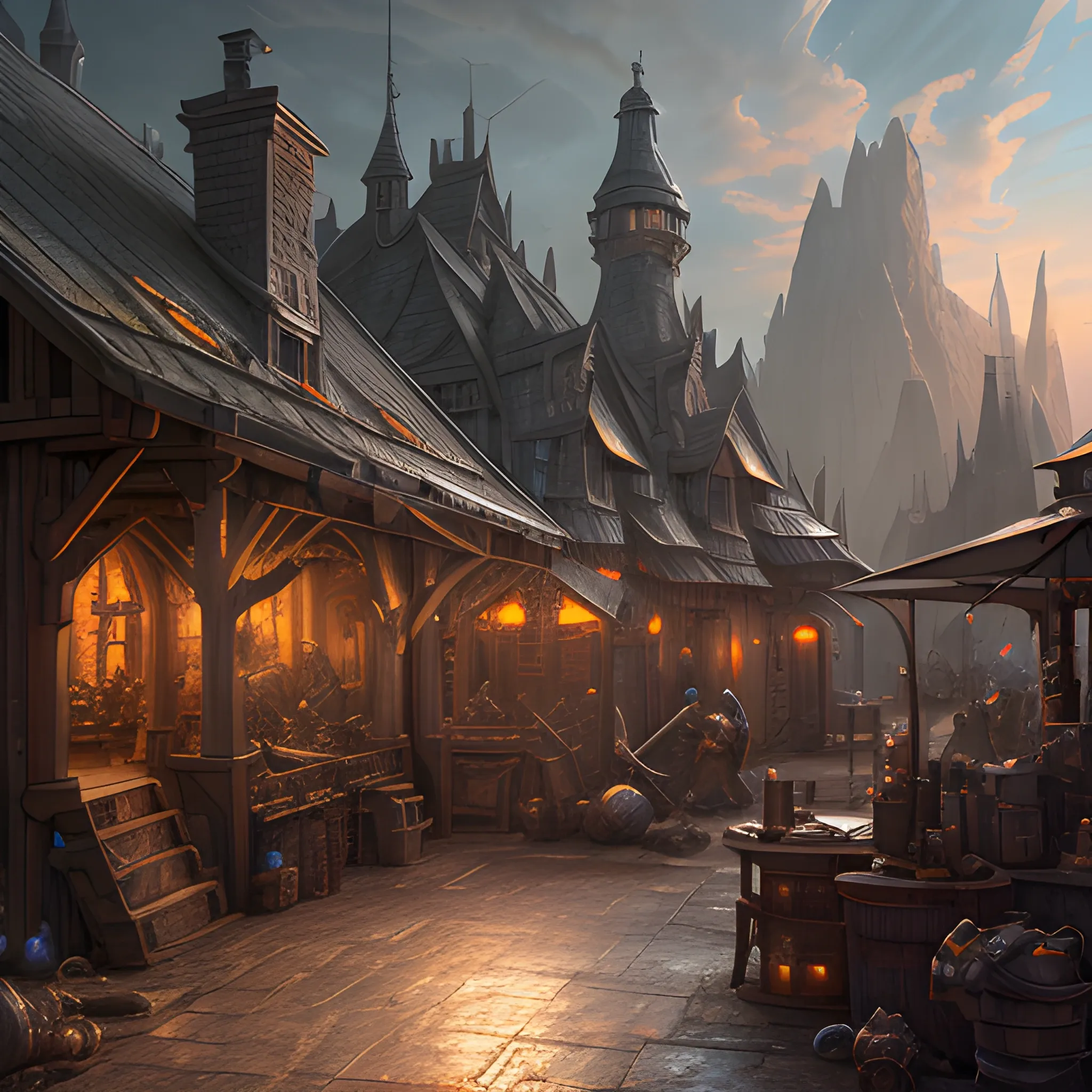 blacksmith, weaponsmith, fantasy, high resolution, detailed, hyperrealistic, photorealistic, detailed matte painting, deep color, fantastical, intricate detail, splash screen, complementary colors, fantasy concept art, 8k resolution trending on Artstation Unreal Engine 5