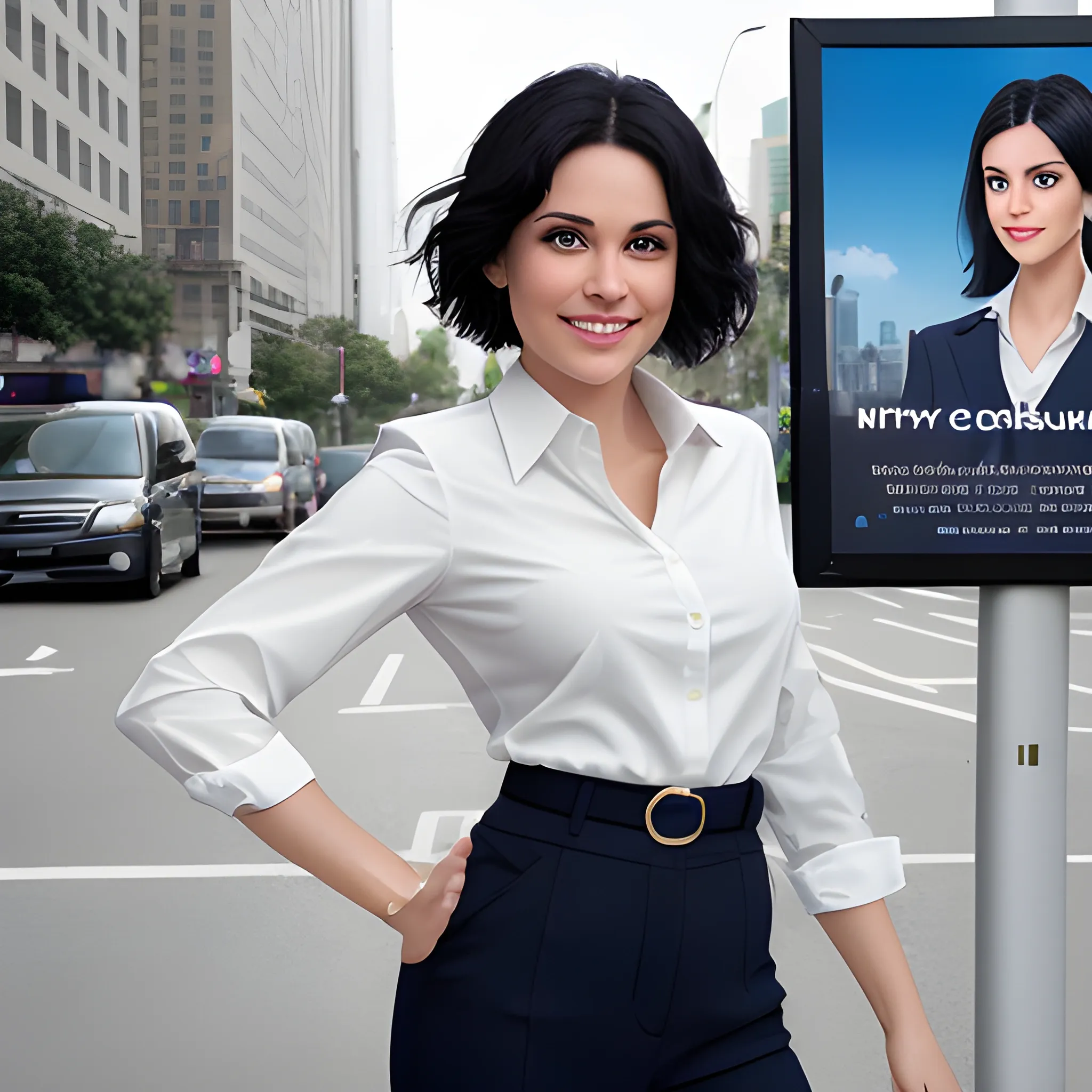 beautiful women, elegant, smiling, standing in front of city advertising board, paddy, office uniform, navy shirt, cream pants, black hair, good hand, 4k, best quality, sharp focus, soft lighting, skinny,  1women, ideal body, slim fit, short hair, potrait,  profesional model pose, face advanced, face detail, negative_hand-neg:1.2, 