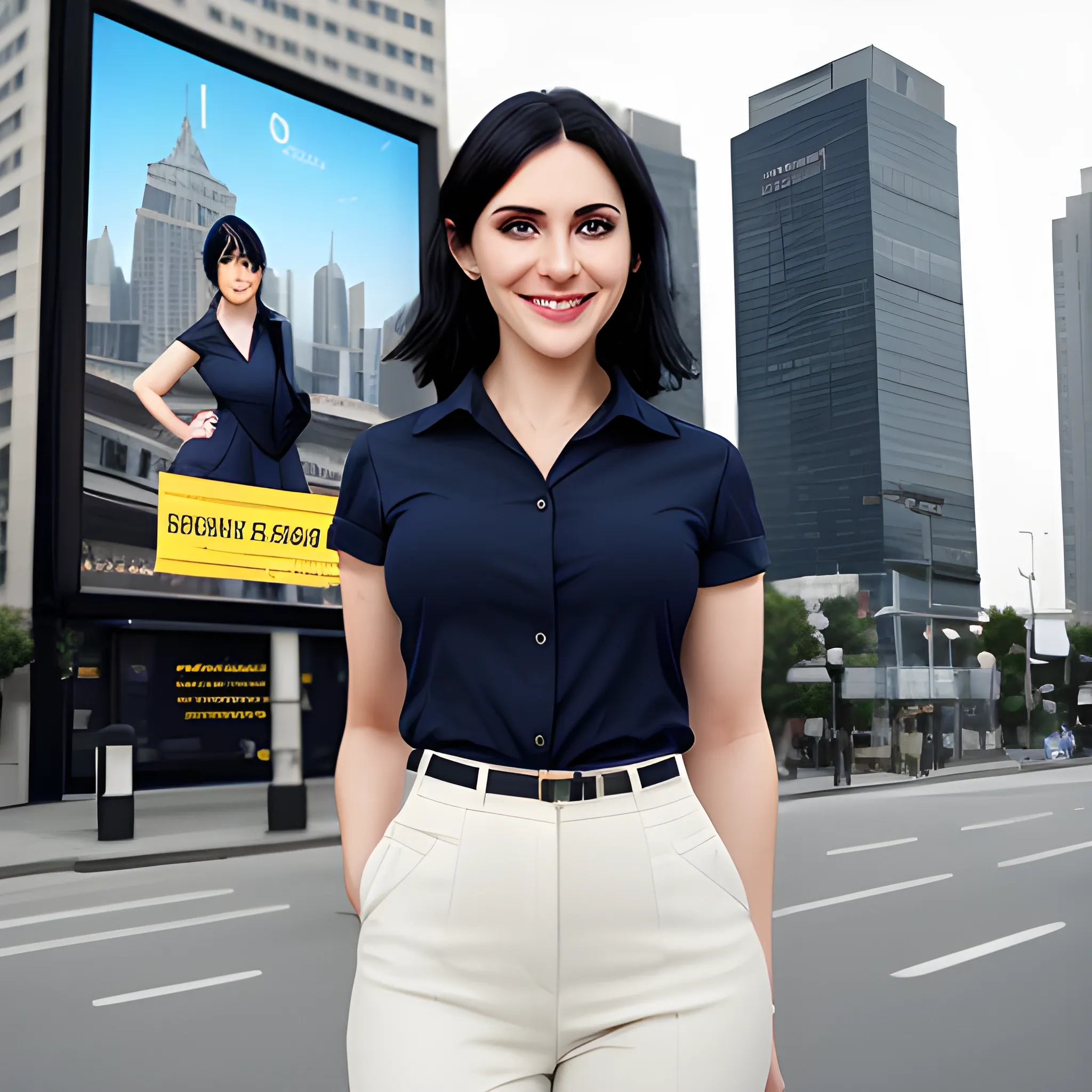 beautiful women, elegant, smiling, standing in front of city advertising board, paddy, office uniform, navy shirt, cream pants, black hair, good hand, 4k, best quality, sharp focus, soft lighting, skinny,  1women, ideal body, slim fit, short hair, potrait,  profesional model pose, face advanced, face detail, negative_hand-neg:1.2, 