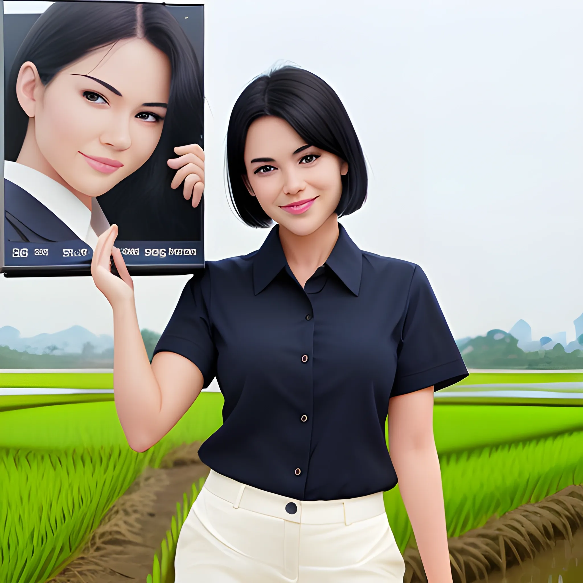 beautiful women, elegant, smiling, standing in front of advertising board, rice fields background, office uniform, navy shirt, cream pants, black hair, good hand, 4k, best quality, sharp focus, soft lighting, skinny,  1women, ideal body, slim fit, short hair, potrait,  profesional model pose, face advanced, face detail, negative_hand-neg:1.2, 