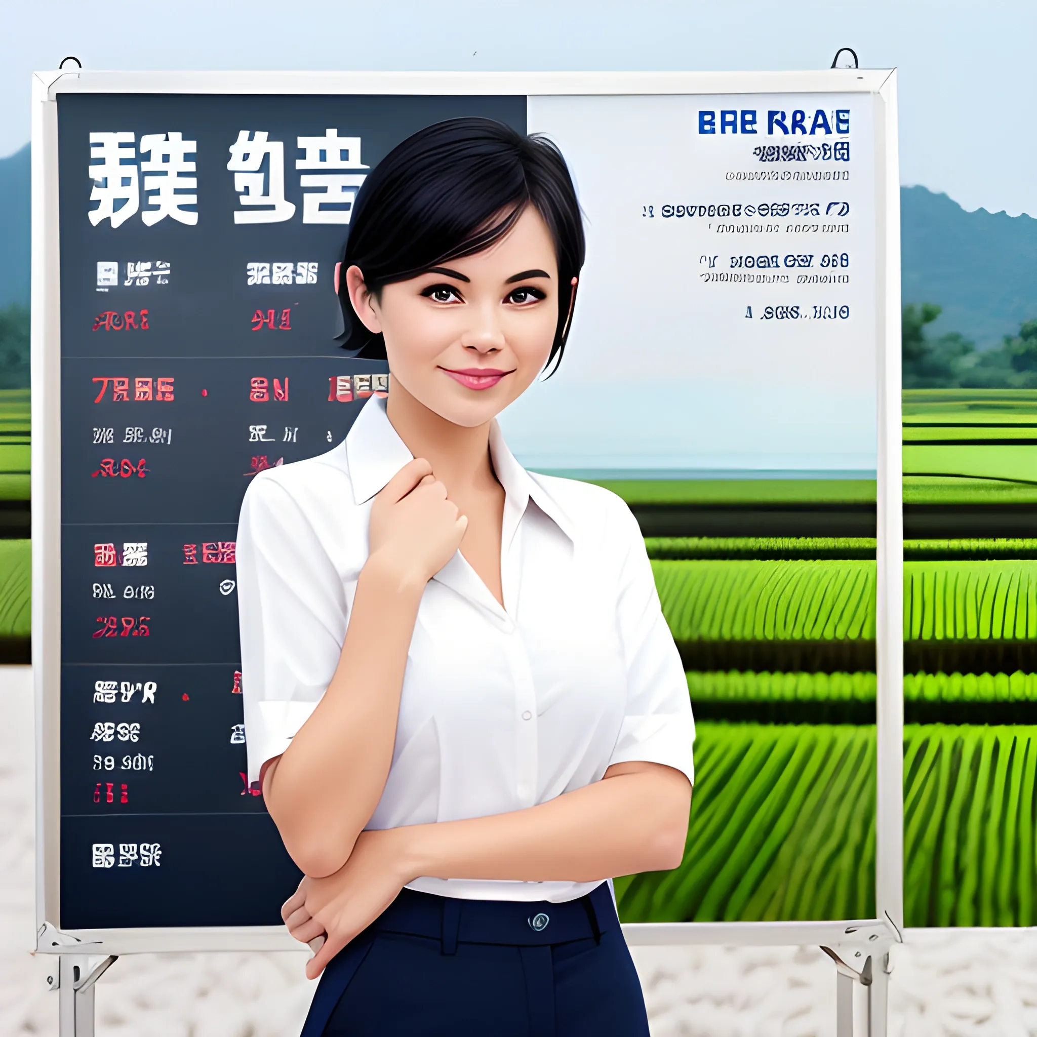 beautiful women, elegant, smiling, standing in front of advertising board, rice fields background, office uniform, navy shirt, cream pants, black hair, good hand, 4k, best quality, sharp focus, soft lighting, skinny,  1women, ideal body, slim fit, short hair, potrait,  profesional model pose, face advanced, face detail, negative_hand-neg:1.2, 