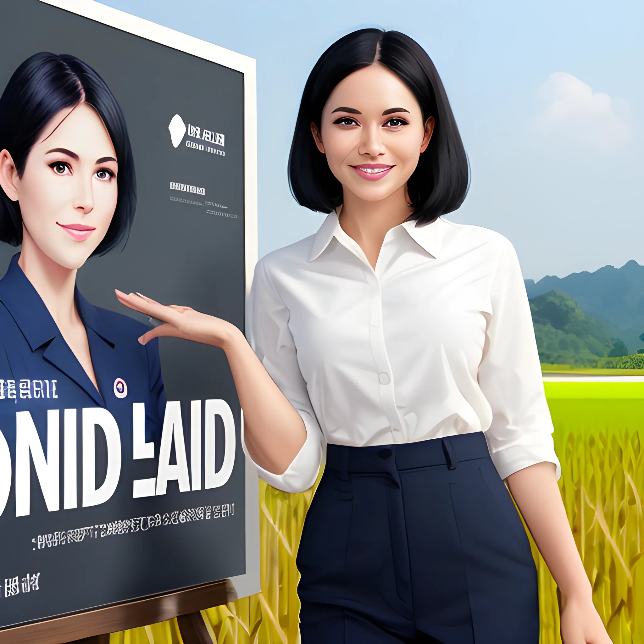 beautiful women, elegant, smiling, standing in front of advertising board, rice fields background, office uniform, navy shirt, cream pants, black hair, good hand, 4k, best quality, sharp focus, soft lighting, skinny,  1women, ideal body, slim fit, short hair, potrait,  profesional model pose, face advanced, face detail, negative_hand-neg:1.2, 