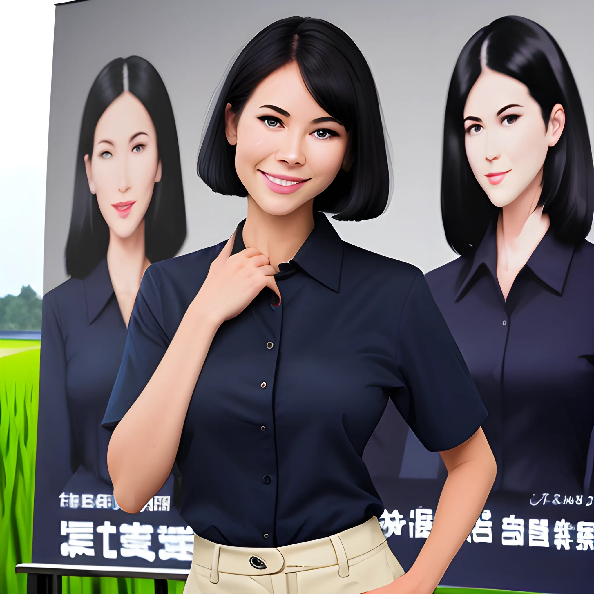 beautiful women, elegant, smiling, standing in front of advertising board, rice fields background, office uniform, navy shirt, cream pants, black hair, good hand, 4k, best quality, sharp focus, soft lighting, skinny,  1women, ideal body, slim fit, short hair, potrait,  profesional model pose, face advanced, face detail, negative_hand-neg:1.2, 