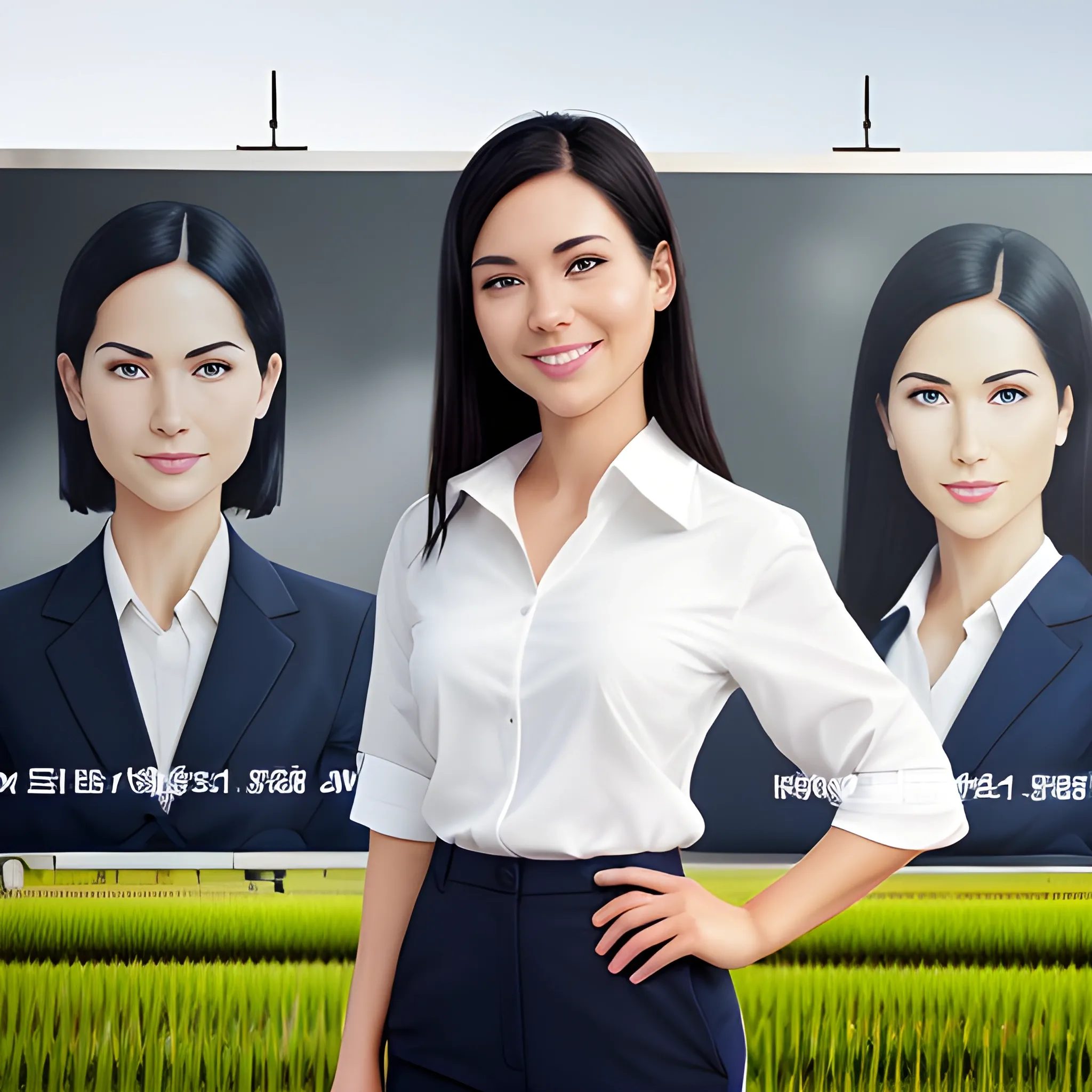 beautiful women, elegant, smiling, standing in front of advertising board, rice fields background, office uniform, navy shirt, cream pants, black hair, good hand, 4k, best quality, sharp focus, soft lighting, skinny,  1women, ideal body, slim fit, short hair, potrait,  profesional model pose, face advanced, face detail, negative_hand-neg:1.2, 