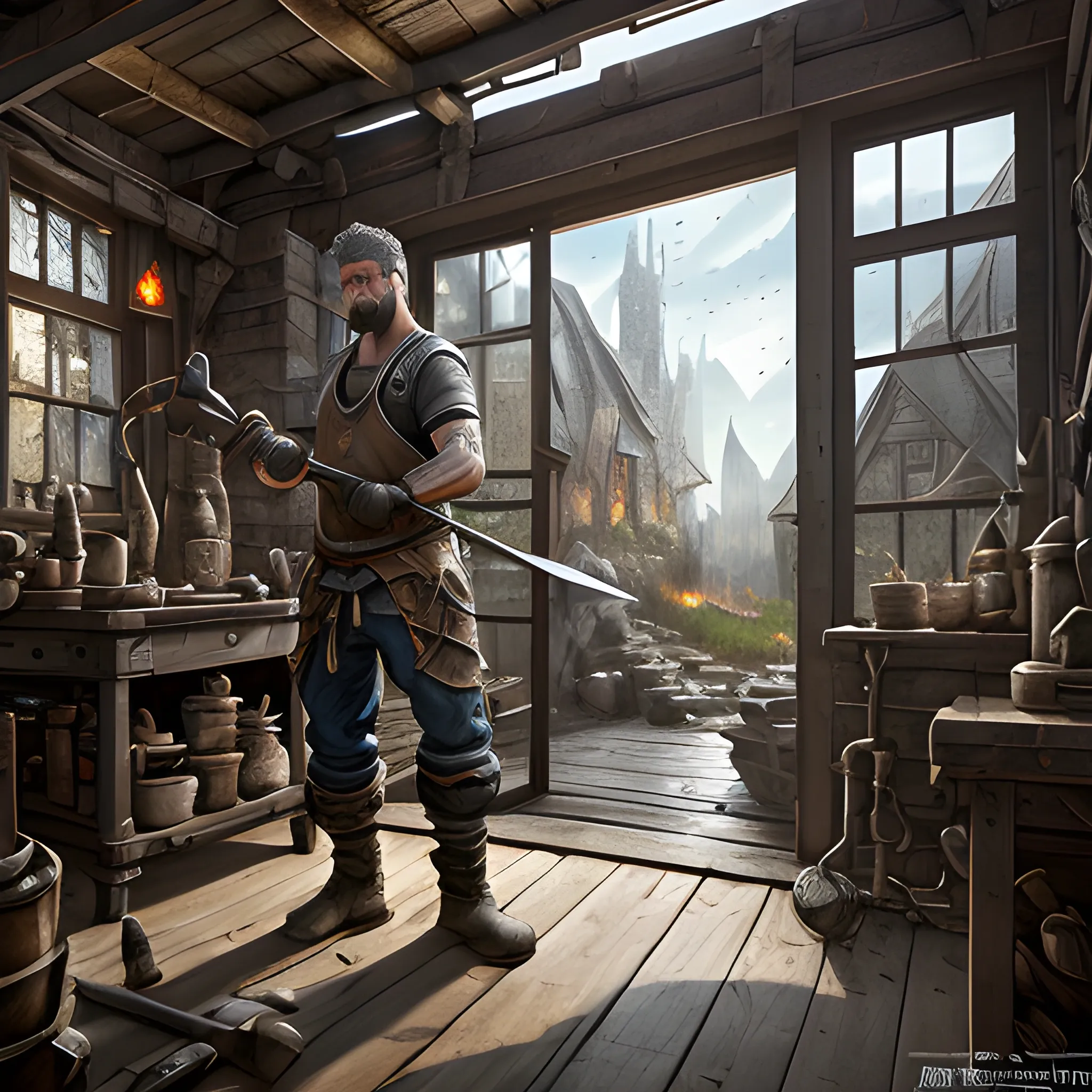 blacksmith is creating a weapon, blacksmith in work, forge, forge, view from inside, fantasy, high resolution, detailed, 8k, insane detailed face, hyperealistic, photorealistic, detailed matte painting, deep color, fantastical, intricate detail, splash screen, complementary colors, fantasy concept art, 8k resolution trending on Artstation Unreal Engine 5