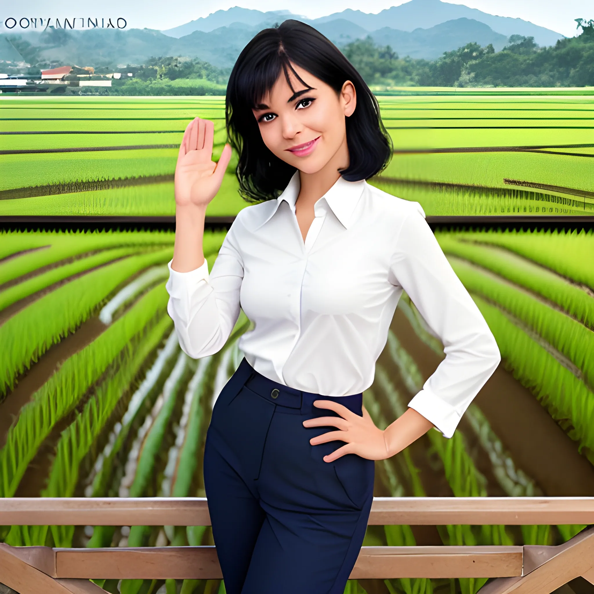 beautiful women, elegant, smiling, standing in front of advertising board, rice fields background, office uniform, navy shirt, cream pants, black hair, good hand, 4k, best quality, sharp focus, soft lighting, skinny,  1women, ideal body, slim fit, short hair, potrait,  profesional model pose, face advanced, face detail, negative_hand-neg:1.2, 