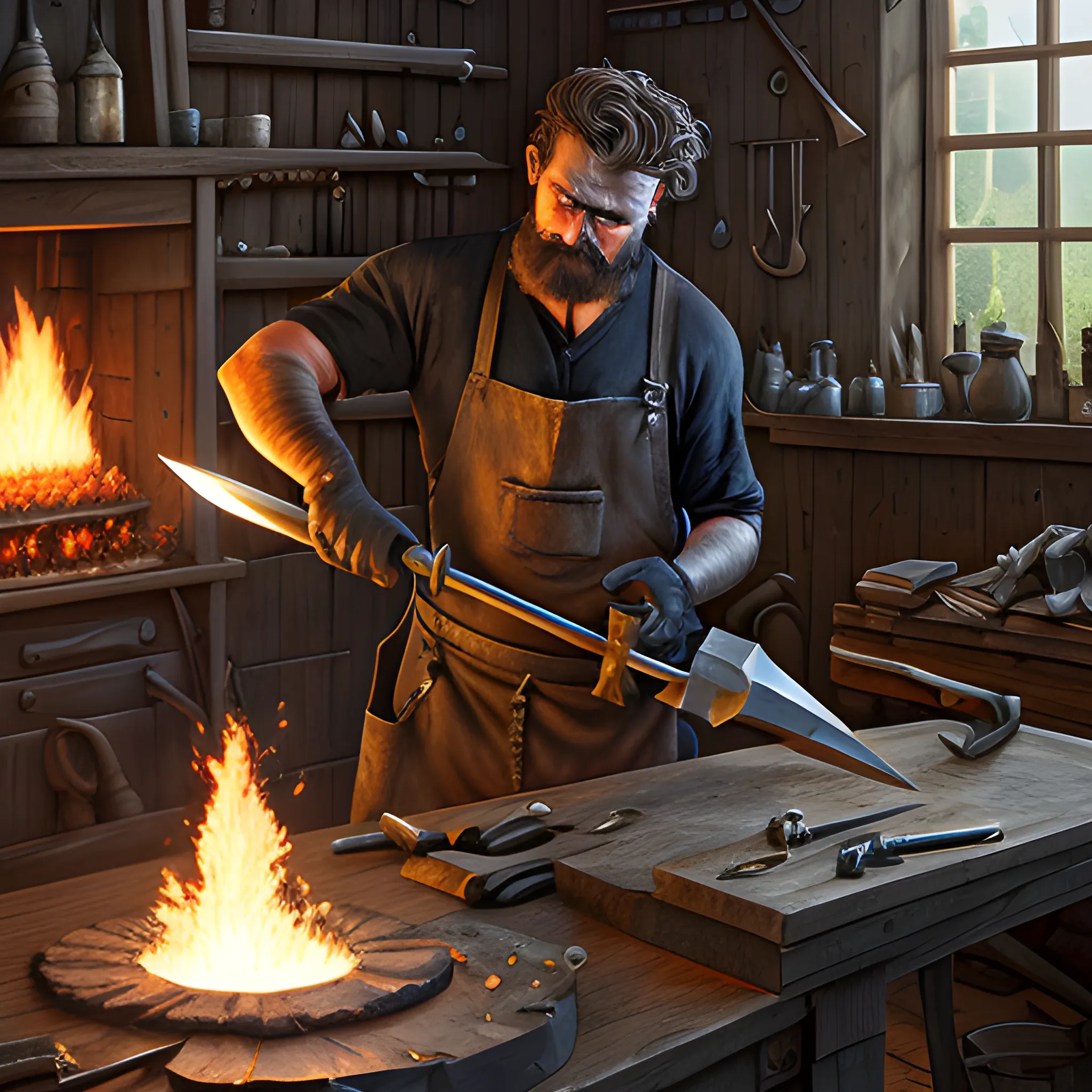 blacksmith is creating a weapon, blacksmith in work, photorealistic, hyperrealistic, high fantasy