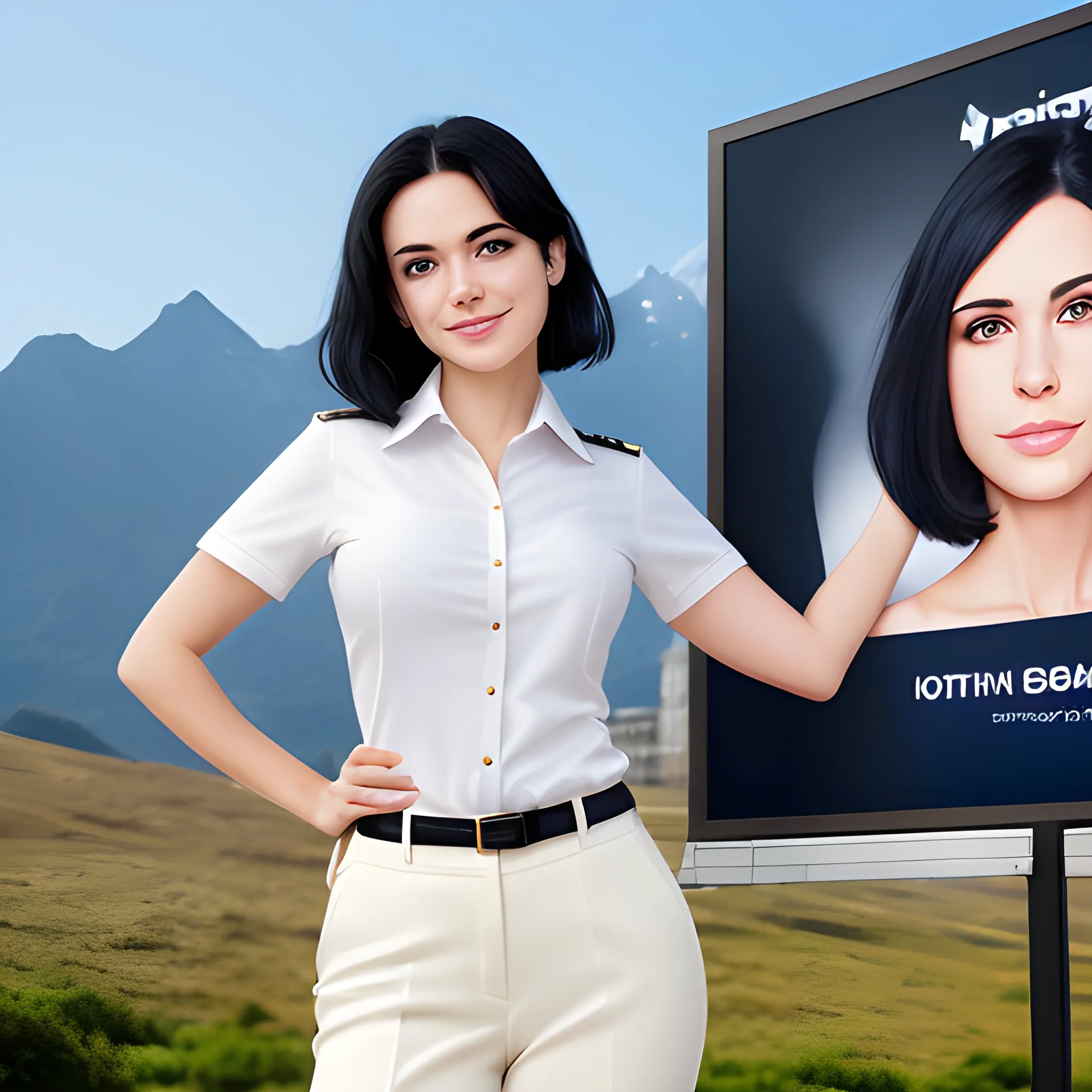 beautiful women, elegant, smiling, standing in front of advertising board, mountain background, office uniform, navy shirt, cream pants, black hair, good hand, 4k, best quality, sharp focus, soft lighting, skinny,  1women, ideal body, slim fit, short hair, potrait,  profesional model pose, face advanced, face detail, negative_hand-neg:1.2, 