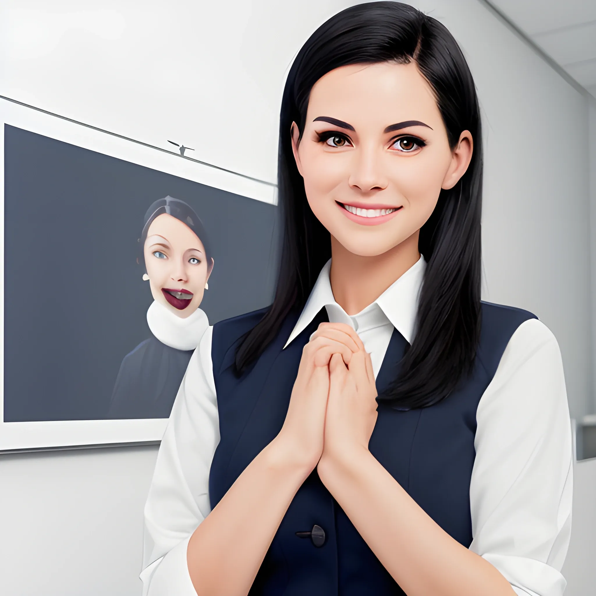 beautiful women, elegant, smiling, standing in front of advertising board, office uniform, navy shirt, cream pants, black hair, good hand, 4k, best quality, sharp focus, soft lighting, skinny,  1women, ideal body, slim fit, short hair, potrait,  profesional model pose, face advanced, face detail, negative_hand-neg:1.2, 