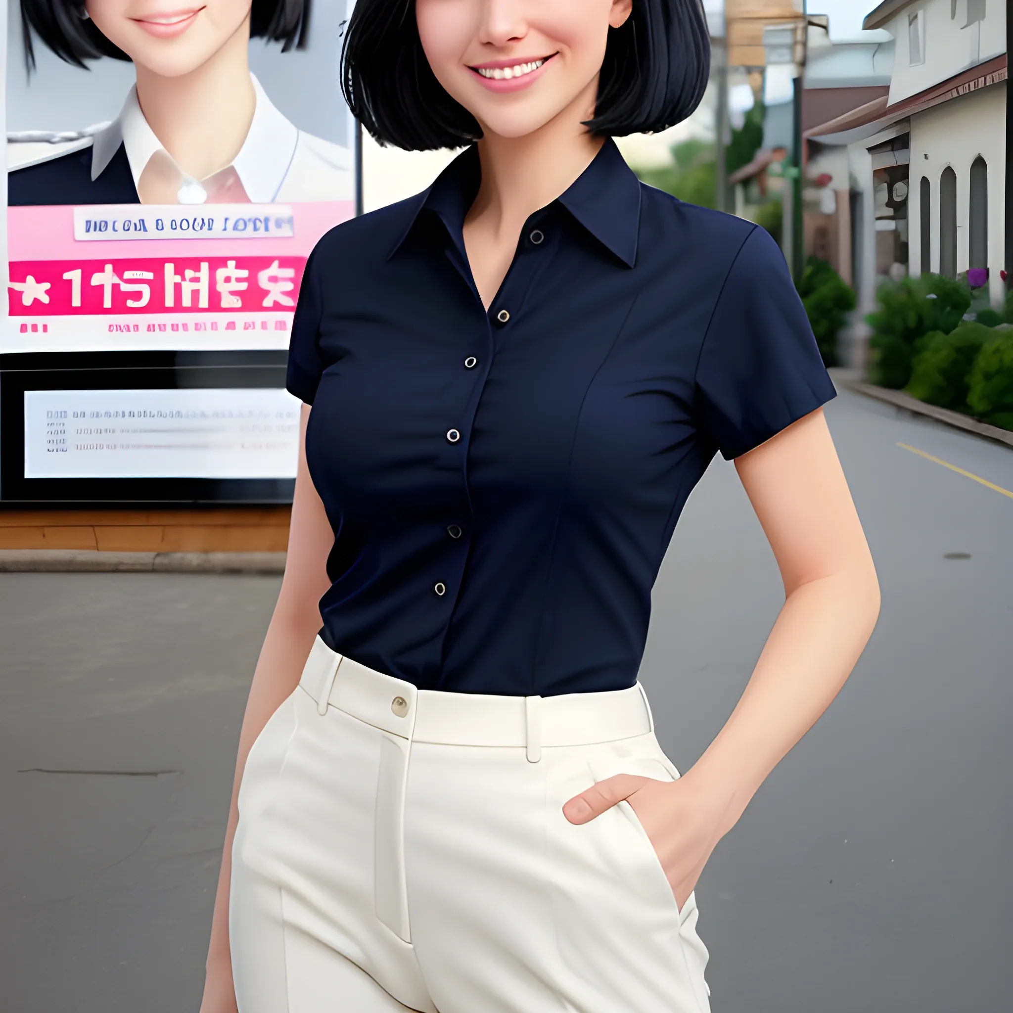 beautiful women, elegant, smiling, standing in front of village advertising board, office uniform, navy shirt, cream pants, black hair, good hand, 4k, best quality, sharp focus, soft lighting, skinny, ideal body, slim fit, short hair, potrait,  profesional model pose, face advanced, face detail, negative_hand-neg:1.2, perfect finger,