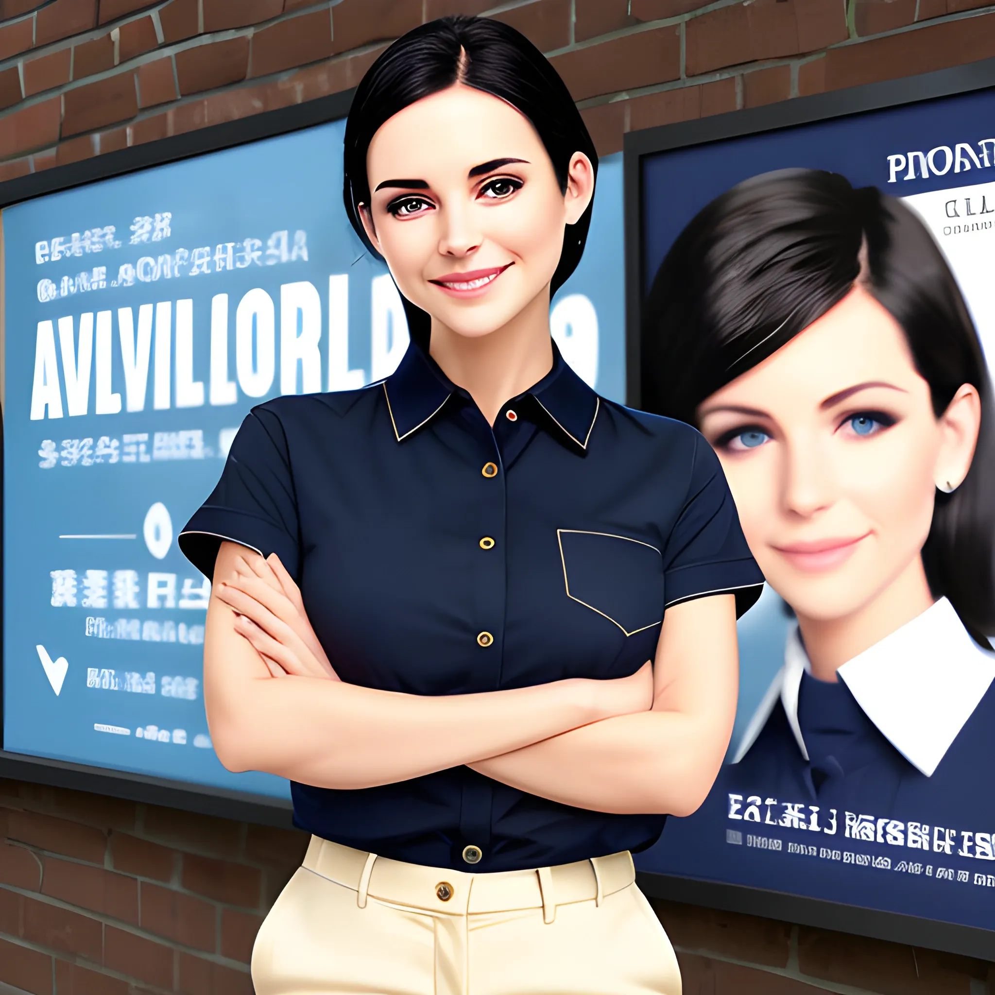 beautiful women, elegant, smiling, standing in front of village advertising board, office uniform, navy shirt, cream pants, black hair, good hand, 4k, best quality, sharp focus, soft lighting, skinny, ideal body, slim fit, short hair, potrait,  profesional model pose, face advanced, face detail, negative_hand-neg:1.2, perfect finger,