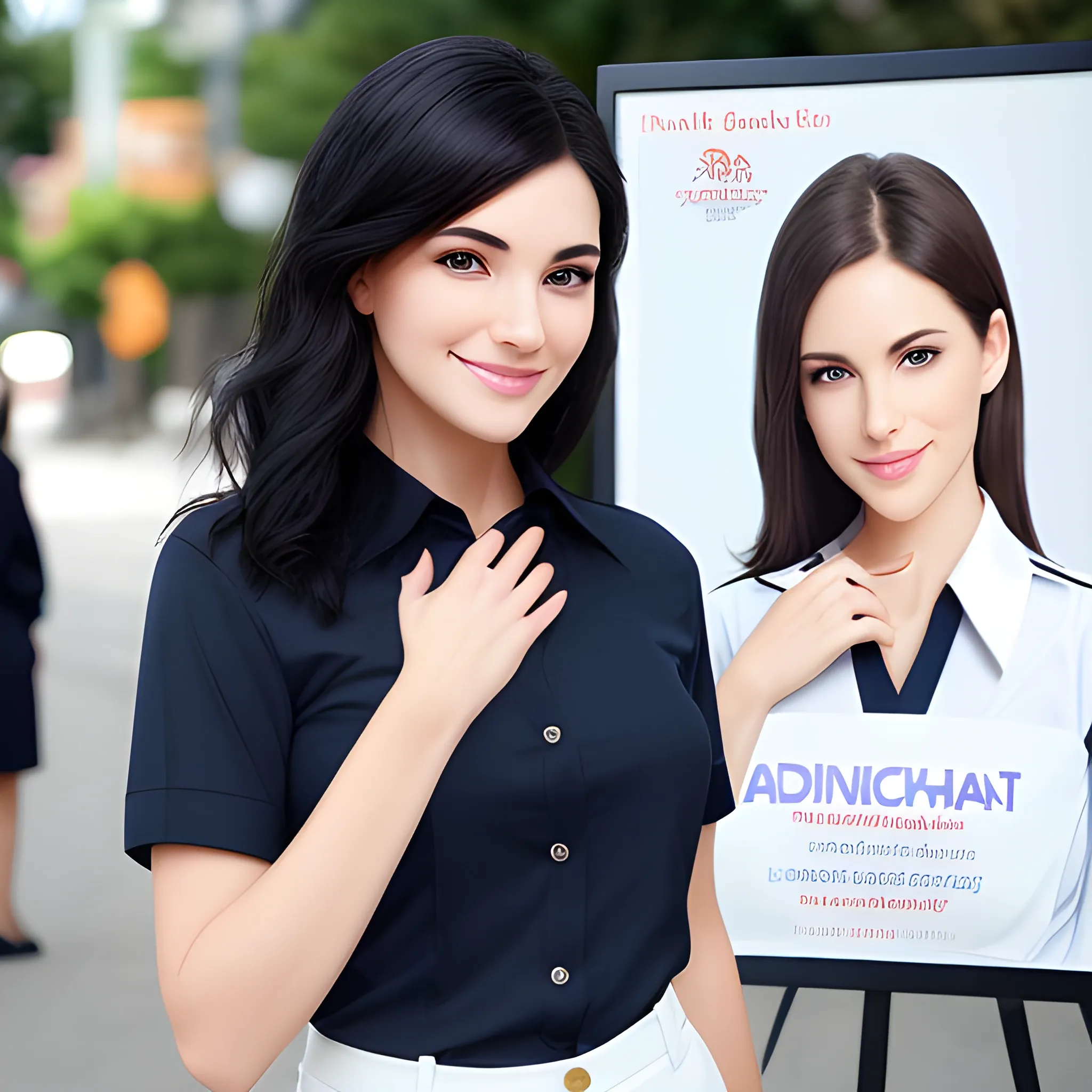 beautiful women, elegant, smiling, standing in front of village advertising board, office uniform, navy shirt, cream pants, black hair, good hand, 4k, best quality, sharp focus, soft lighting, skinny, ideal body, slim fit, short hair, potrait,  profesional model pose, face advanced, face detail, negative_hand-neg:1.2, perfect finger,