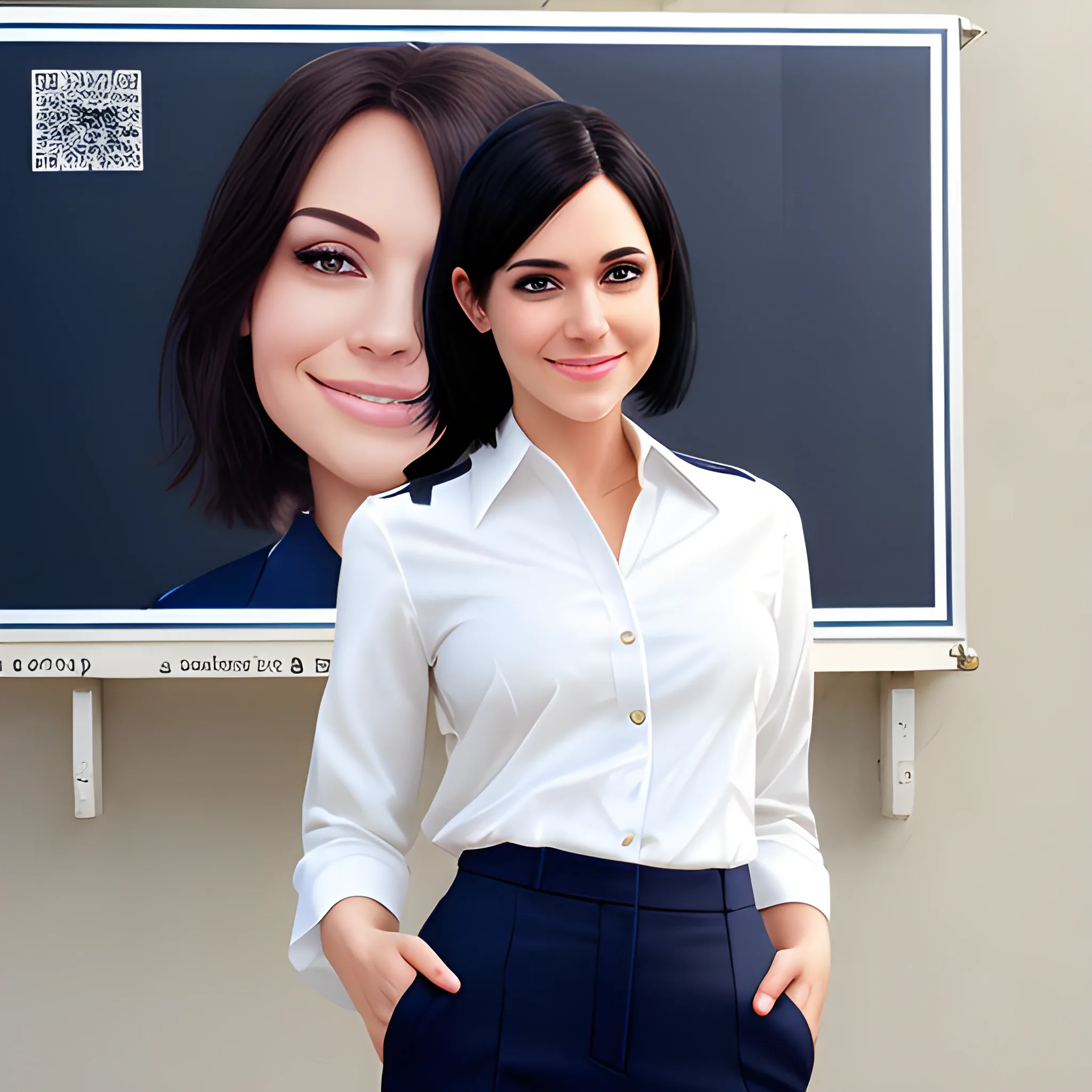 beautiful women, elegant, smiling, standing in front of village advertising board, office uniform, navy shirt, cream pants, black hair, good hand, 4k, best quality, sharp focus, soft lighting, skinny, ideal body, slim fit, short hair, potrait,  profesional model pose, face advanced, face detail, negative_hand-neg:1.2, perfect finger,