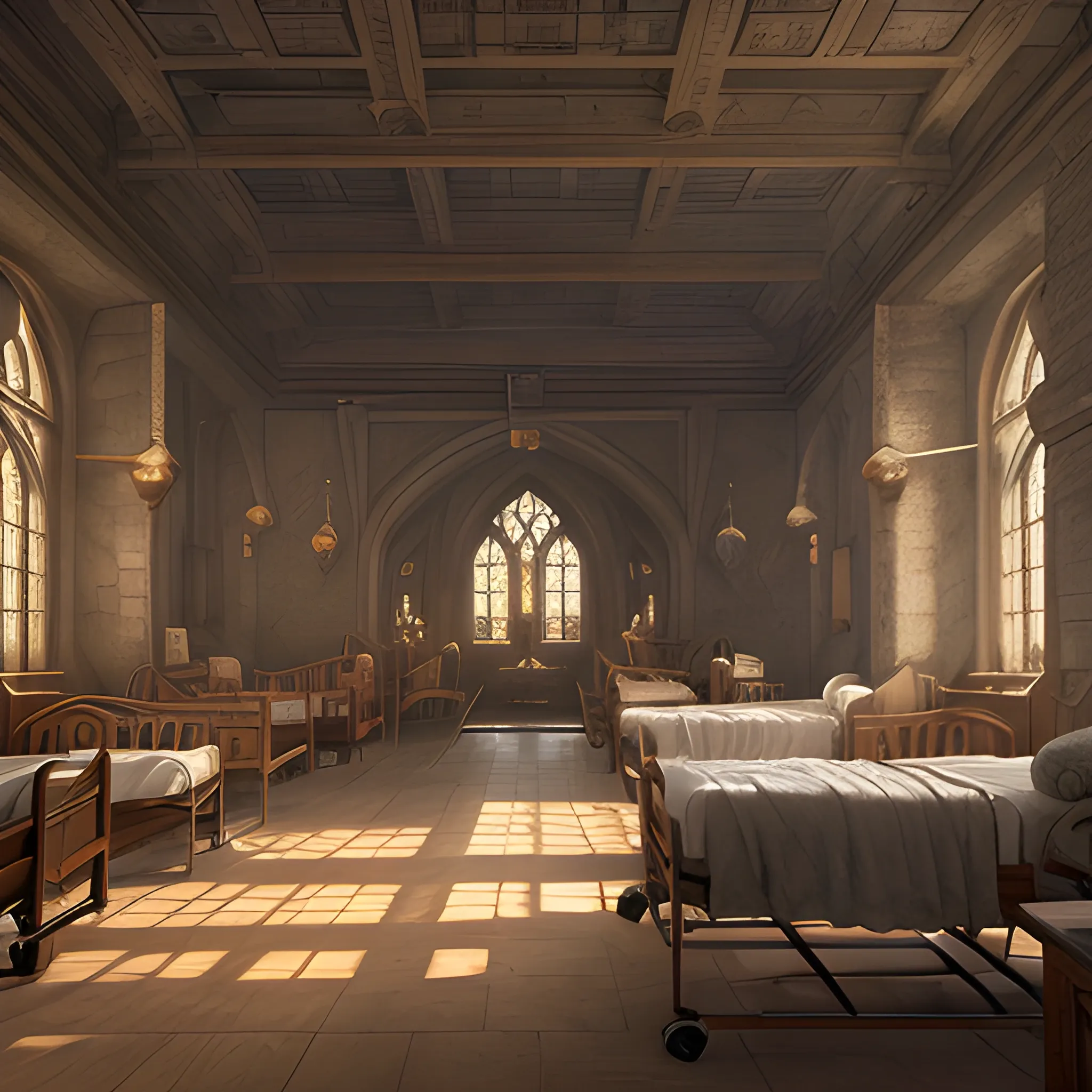 hospital, medieval hospital, saint hospital, many beds, view from inside, nurses, injuries,  high resolution, detailed, 8k, detailed matte painting, deep color, fantastical, intricate detail, splash screen, complementary colors, fantasy concept art, 8k resolution trending on Artstation Unreal Engine 5