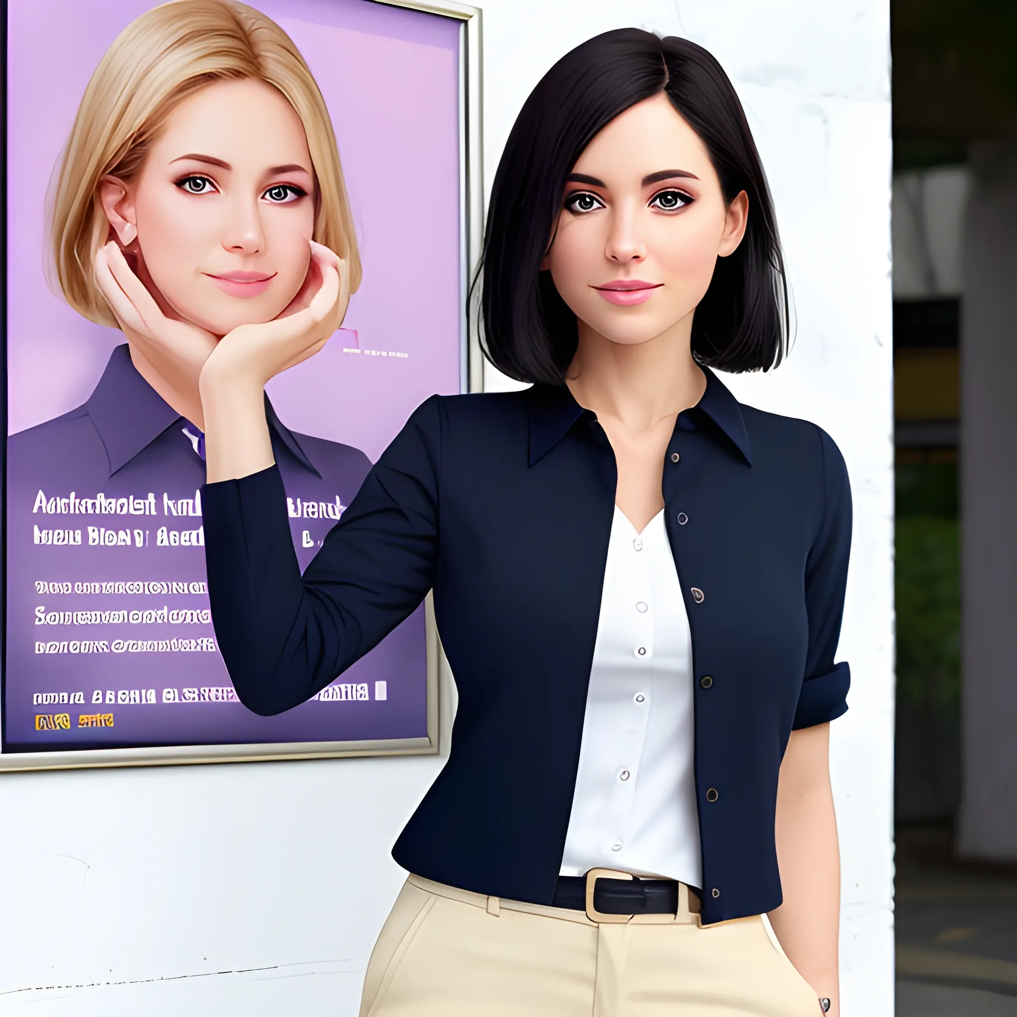 beautiful women, elegant, happy, standing in front of village advertising board, office uniform, navy shirt, cream pants, black hair, good hand, 4k, best quality, sharp focus, soft lighting, skinny, ideal body, slim fit, short hair, potrait,  profesional model pose, face advanced, face detail, negative_hand-neg:1.2, perfect finger,