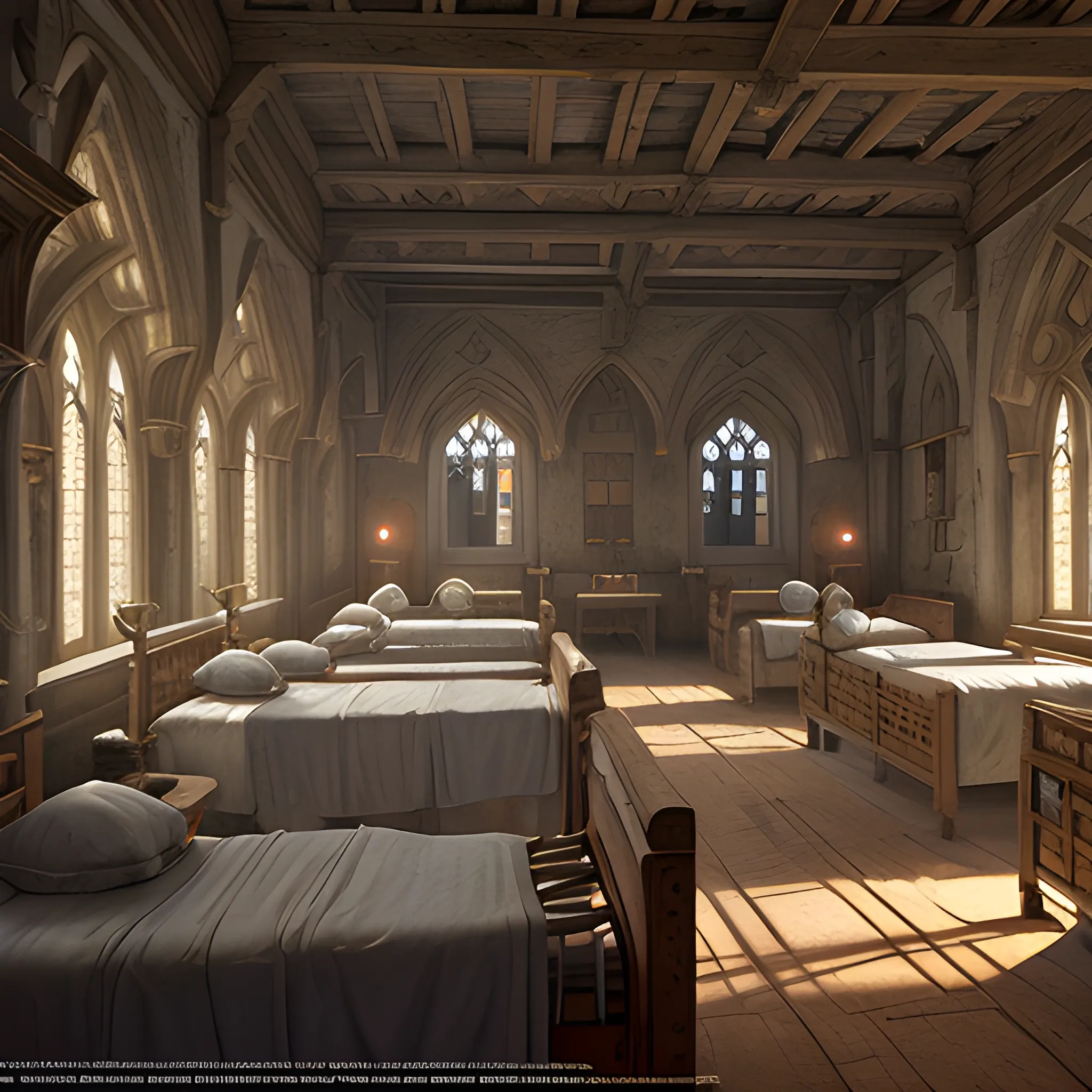 hospital, medieval hospital, saint hospital, many beds, view from inside, nurses, injuries,  high resolution, detailed, 8k, detailed matte painting, deep color, fantastical, intricate detail, splash screen, complementary colors, fantasy concept art, 8k resolution trending on Artstation Unreal Engine 5