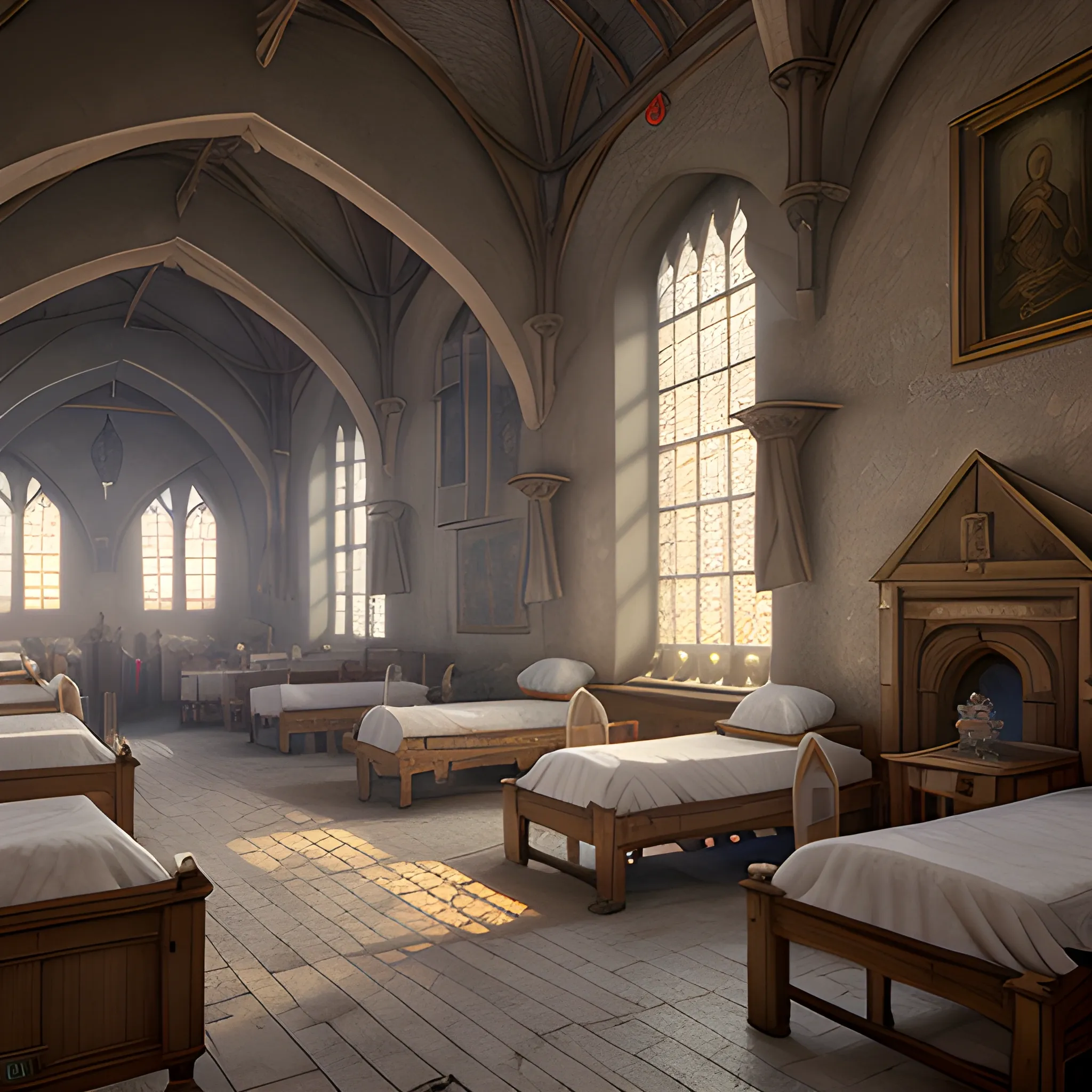 hospital, medieval hospital, saint hospital, many beds, view from inside, nurses, injuries,  high resolution, detailed, 8k, detailed matte painting, deep color, fantastical, intricate detail, splash screen, complementary colors, fantasy concept art, 8k resolution trending on Artstation Unreal Engine 5