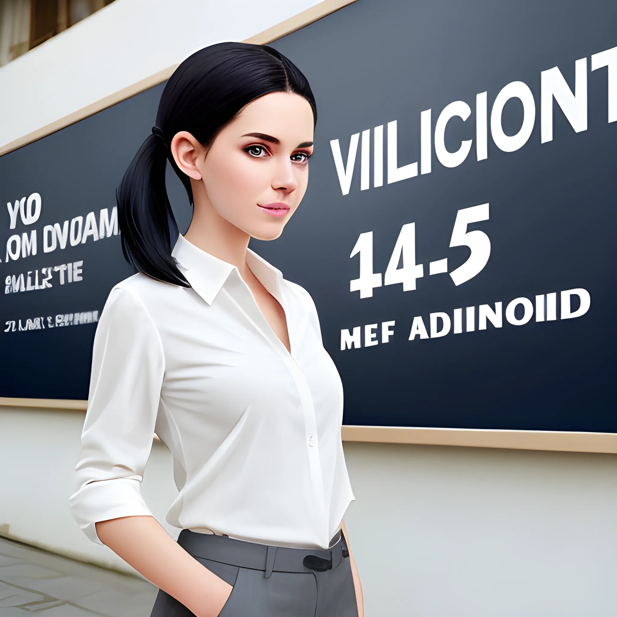 beautiful women, elegant, happy, standing in front of village advertising board, office uniform, navy shirt, cream pants, black hair, good hand, 4k, best quality, sharp focus, soft lighting, skinny, ideal body, slim fit, short hair, potrait,  profesional model pose, face advanced, face detail, negative_hand-neg:1.2, perfect finger,