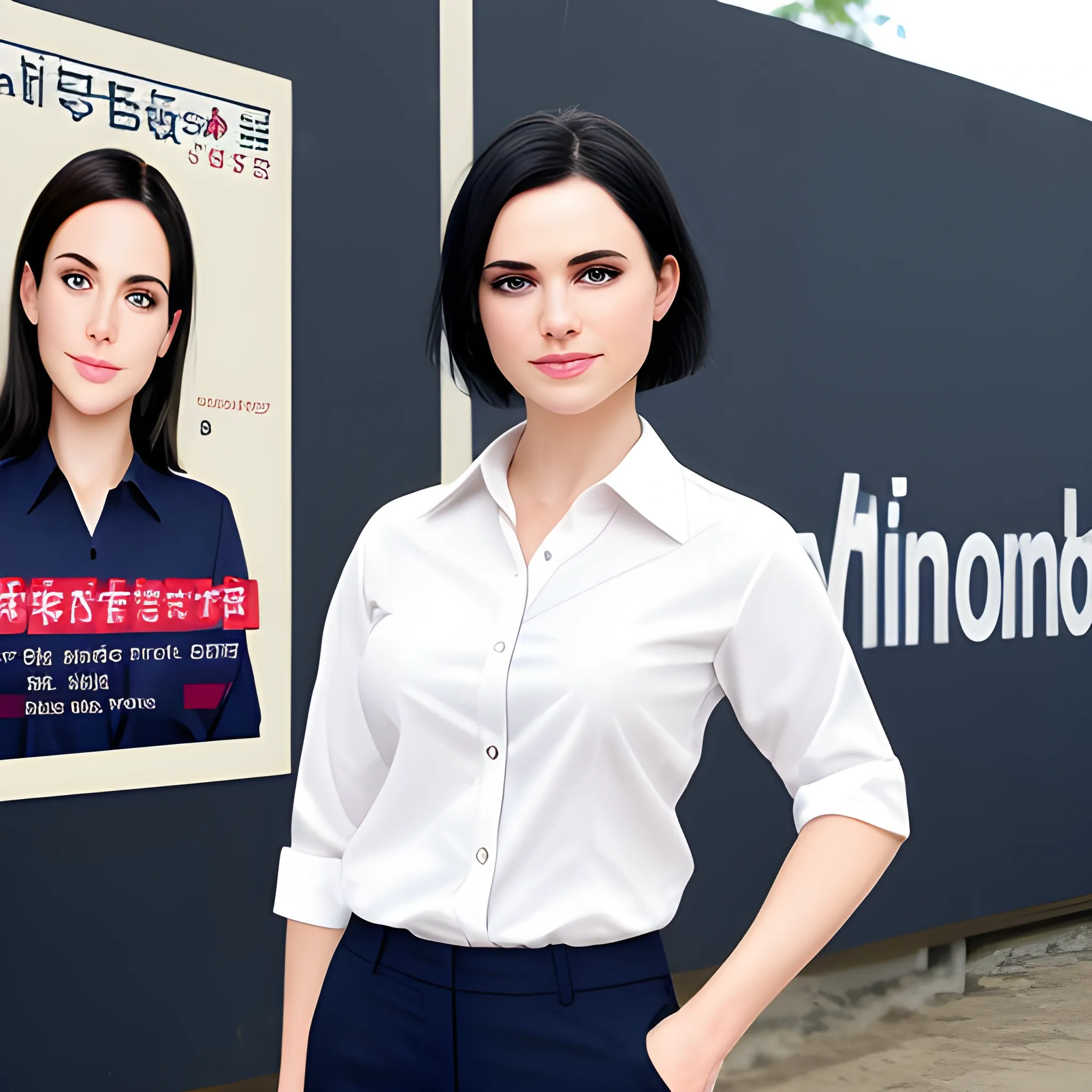 beautiful women, elegant, happy, standing in front of village advertising board, office uniform, navy shirt, cream pants, black hair, good hand, 4k, best quality, sharp focus, soft lighting, skinny, ideal body, slim fit, short hair, potrait,  profesional model pose, face advanced, face detail, negative_hand-neg:1.2, perfect finger,