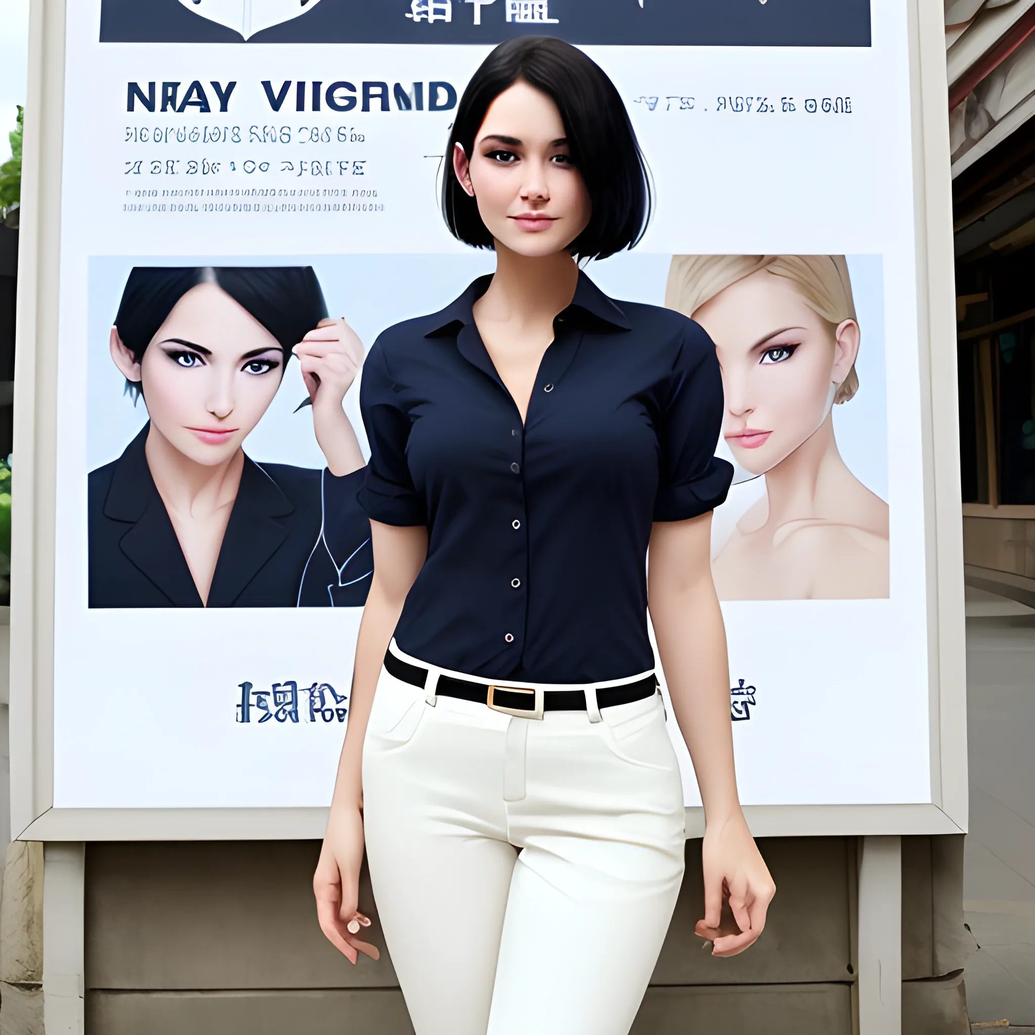 beautiful women, elegant, happy, standing in front of village advertising board, navy shirt, cream pants, black hair, good hand, 4k, best quality, sharp focus, soft lighting, skinny, ideal body, slim fit, short hair, potrait,  profesional model pose, face advanced, face detail, negative_hand-neg:1.2, perfect finger,