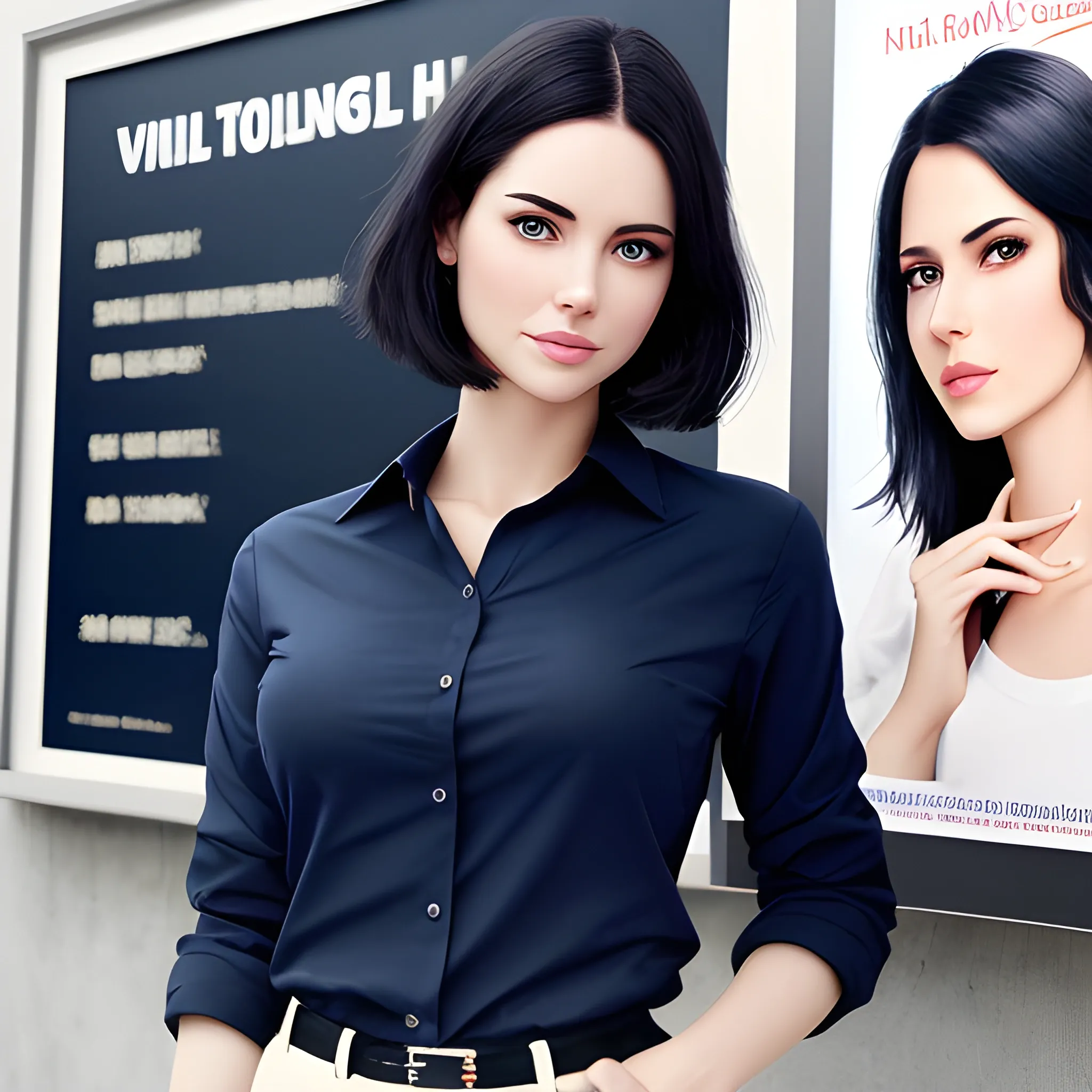 beautiful women, elegant, happy, standing in front of village advertising board, navy shirt, cream pants, black hair, good hand, 4k, best quality, sharp focus, soft lighting, skinny, ideal body, slim fit, short hair, potrait,  profesional model pose, face advanced, face detail, negative_hand-neg:1.2, perfect finger,