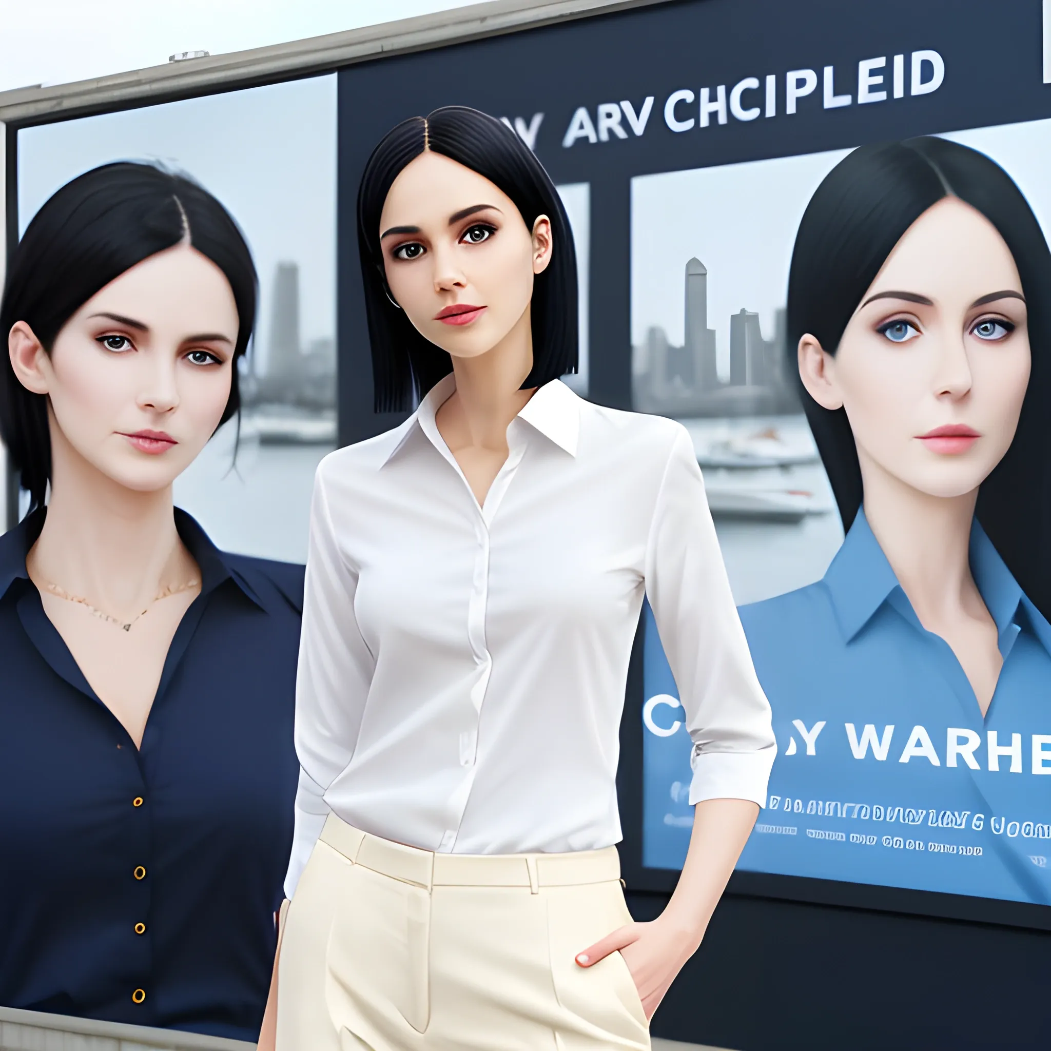 beautiful women, elegant, happy, navy blue long shirt, cream pants, standing in front of city advertising board,  black hair, good hand, 4k, best quality, sharp focus, soft lighting, skinny, ideal body, slim fit, short hair, potrait,  profesional model pose, face advanced, face detail, negative_hand-neg:1.2, perfect finger,