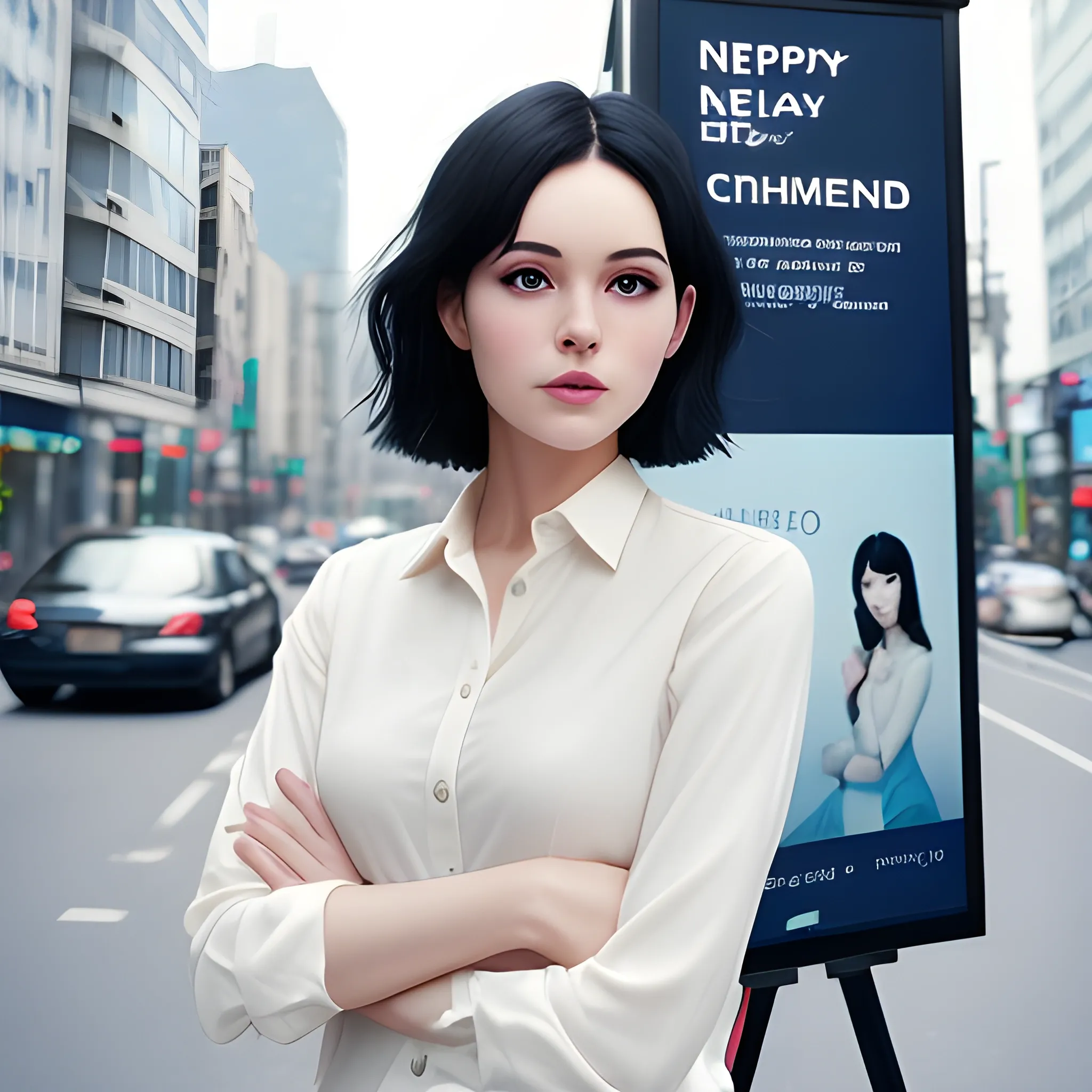 beautiful women, elegant, happy, navy blue long shirt, cream pants, standing in front of city advertising board, blurry backgound, black hair, short hair, good hand, 4k, best quality, sharp focus, soft lighting, skinny, ideal body, slim fit, potrait,  profesional model pose, face advanced, face detail, negative_hand-neg:1.2, perfect finger,