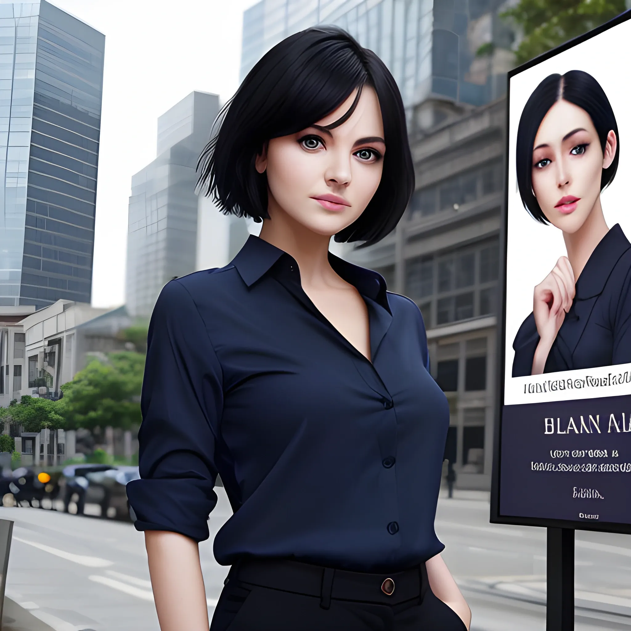 beautiful women, elegant, happy, navy blue long shirt, cream pants, standing in front of city advertising board, black hair, short hair, good hand, 4k, best quality, sharp focus, soft lighting, skinny, ideal body, slim fit, potrait,  profesional model pose, face advanced, face detail, negative_hand-neg:1.2, perfect finger,