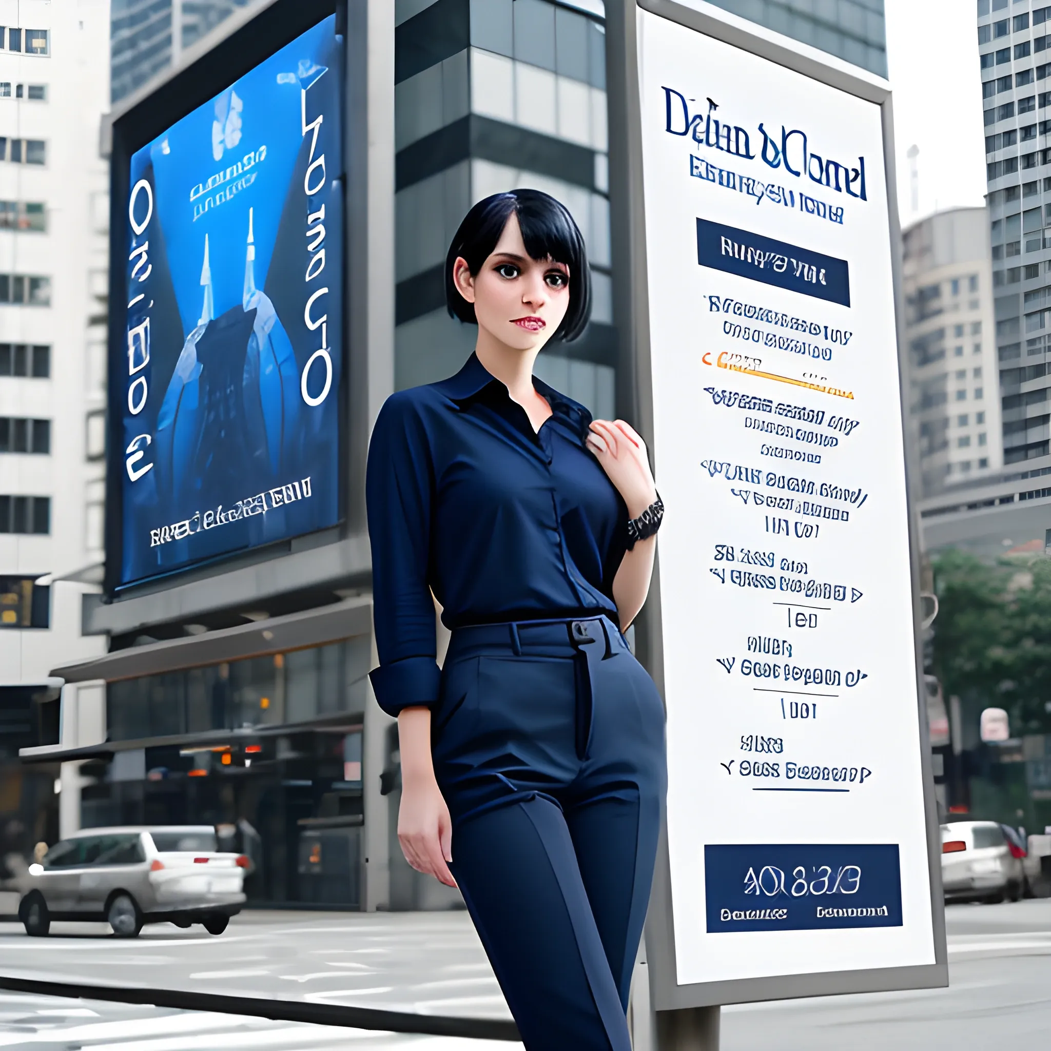 beautiful women, elegant, happy, navy blue long shirt, cream pants, standing in front of city word advertising board, black hair, short hair, good hand, 4k, best quality, sharp focus, soft lighting, skinny, ideal body, slim fit, potrait,  profesional model pose, face advanced, face detail, negative_hand-neg:1.2, perfect finger,