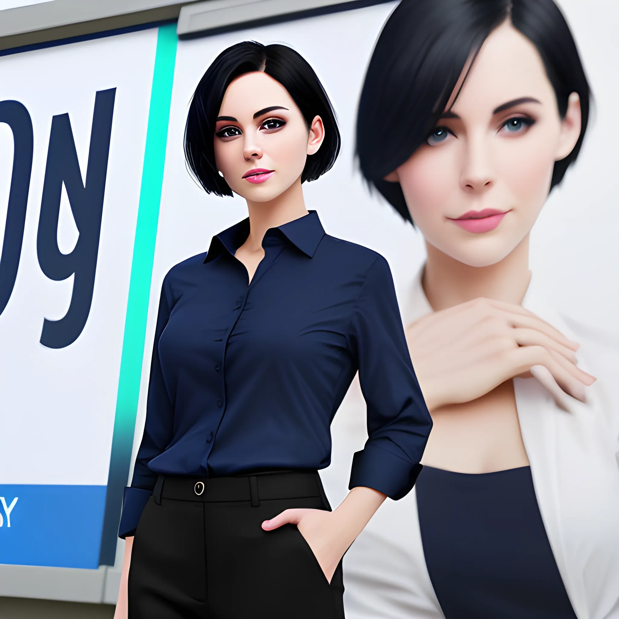 beautiful women, elegant, happy, navy blue long shirt, cream pants, standing in front of city word advertising board, black hair, short hair, good hand, 4k, best quality, sharp focus, soft lighting, skinny, ideal body, slim fit, potrait,  profesional model pose, face advanced, face detail, negative_hand-neg:1.2, perfect finger,