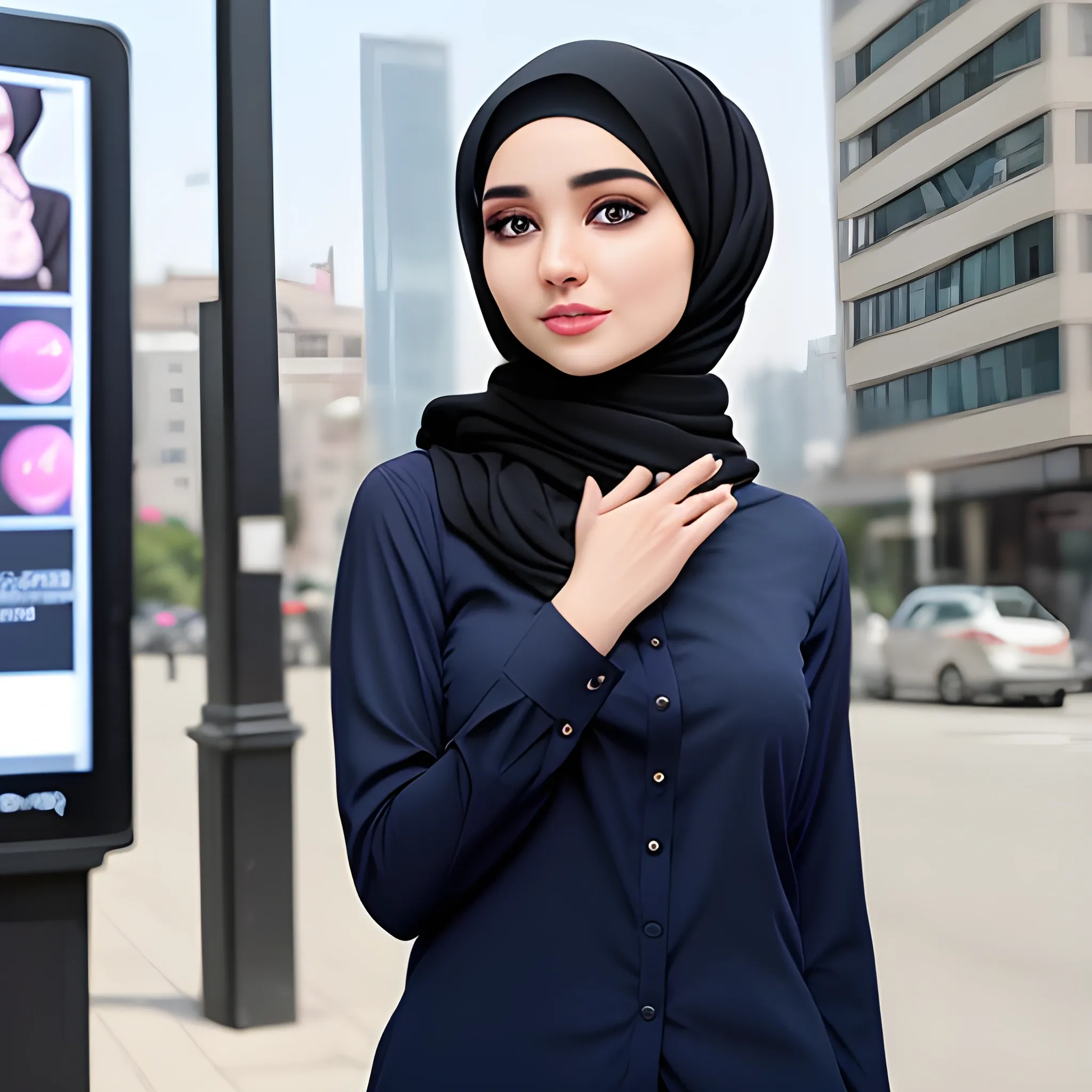 beautiful women, elegant, happy, hijab, navy blue long shirt, cream pants, standing in front of city word advertising board, black hair, short hair, good hand, 4k, best quality, sharp focus, soft lighting, skinny, ideal body, slim fit, potrait,  profesional model pose, face advanced, face detail, negative_hand-neg:1.2, perfect finger,